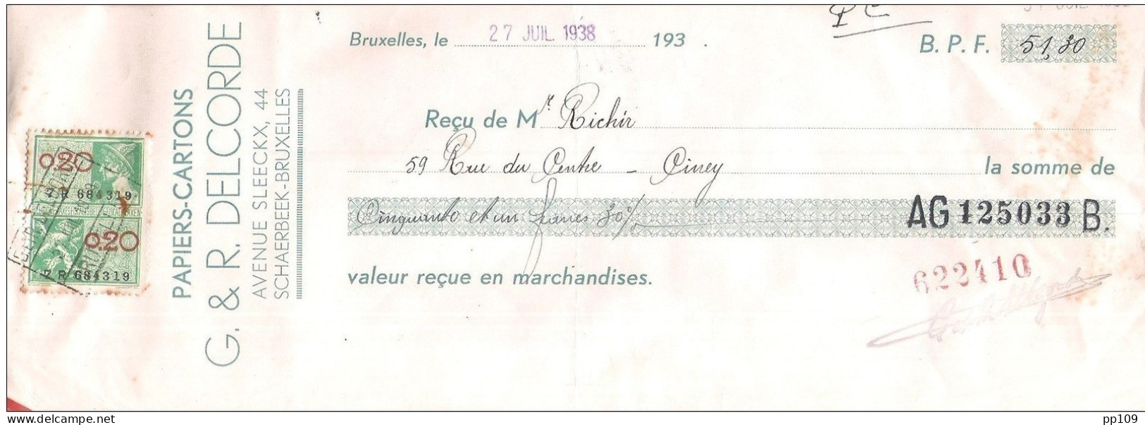 Mandat Pub  Papier Carton DELCORDE   44, Avenue Sleeckx à SCHAERBEEK Bruxelles 1938  +  Timbre Fiscal - Documents