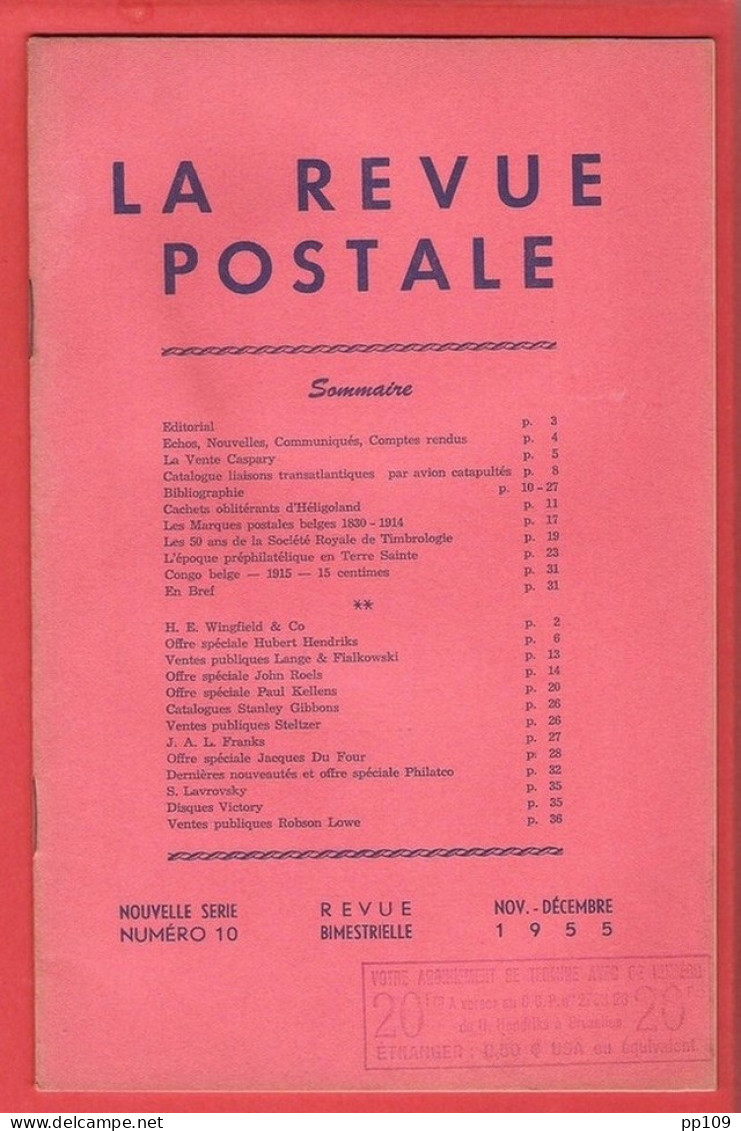 LA REVUE POSTALE  Rédacteur Jacques DUFOUR - Articles Intéressants - Novembre Et Décembre1955 - Numéro 10 - Francés (desde 1941)