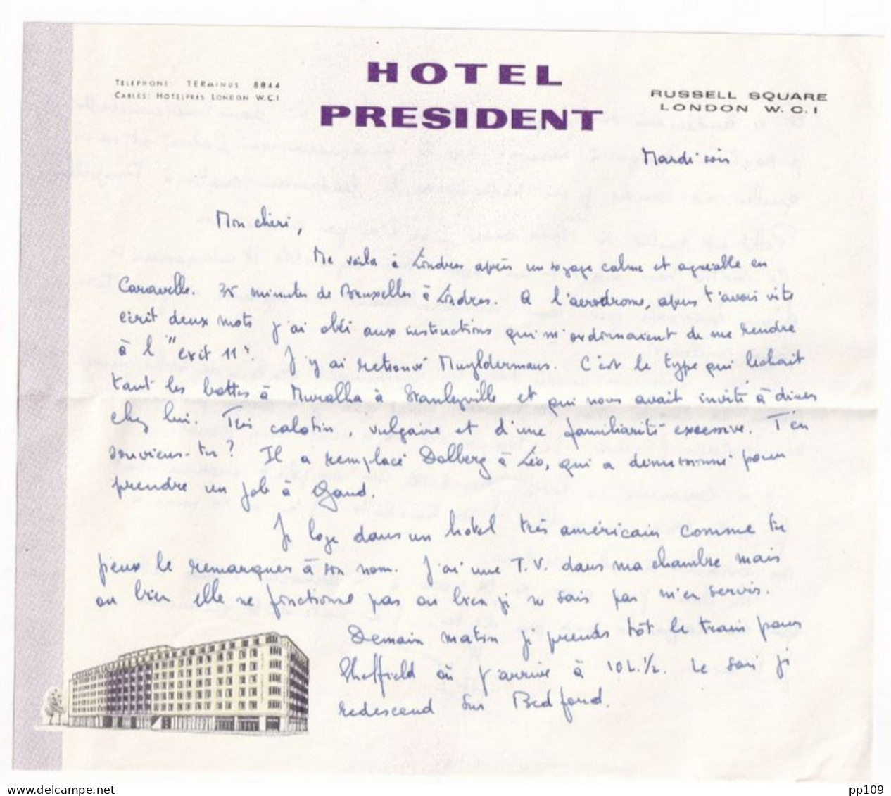 L Pub HOTEL PRESIDENT Russel Square LONDON Obl 18 VII 1962 Vers France  + Contenu Illustration - Other & Unclassified