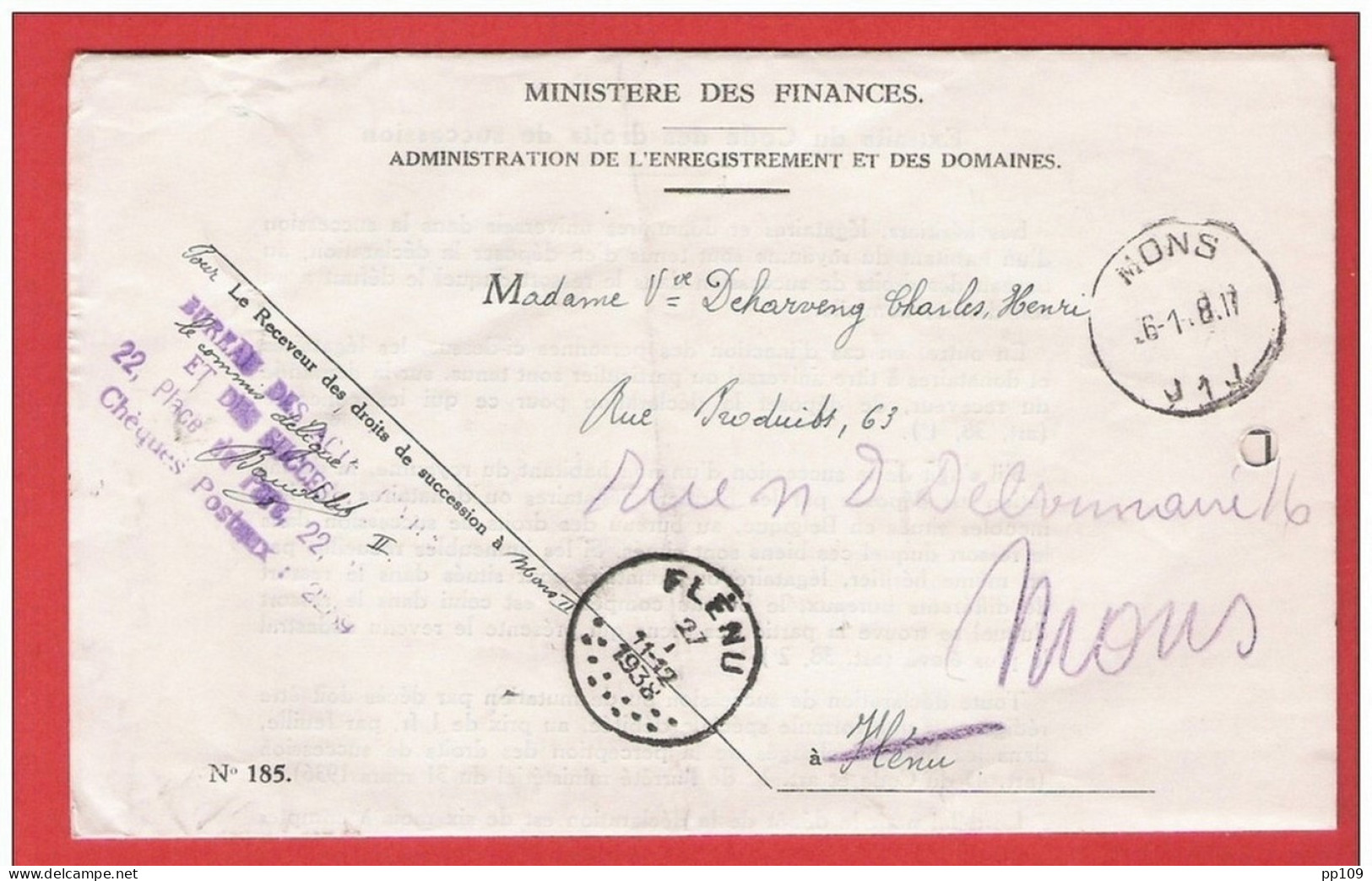 L Ministère Finances FRANCHISE Obl MONS 26 I 1938 Vers FLENU 27 I 1938 Puis Retour MONS - Franchise