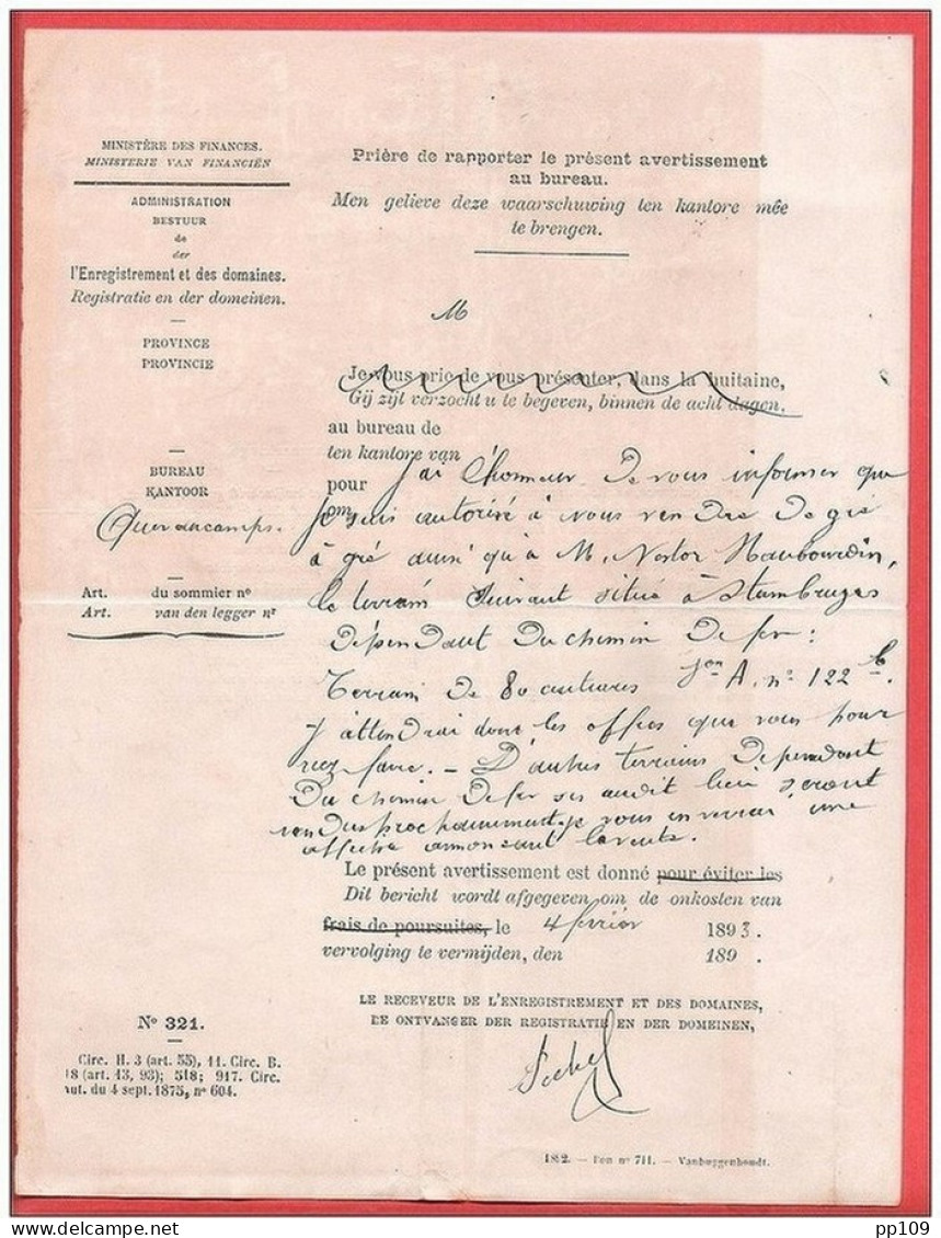 L  QUEVAUCAMPS Administration De L'enregistrement Et Des Domaines Obl Sc 5 II 18893 Vers STAMBRUGES - Franchise