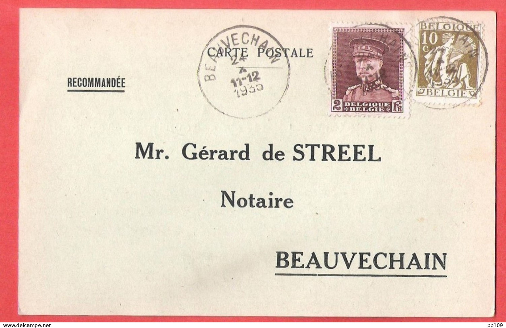 Cérès + Casquette Sur CP En Recommandé BEAUVECHAIN 24 X 1933 - Tarif Peu Courant - 1.75f +35 C (carte Texte à Découvert) - 1932 Cérès Et Mercure