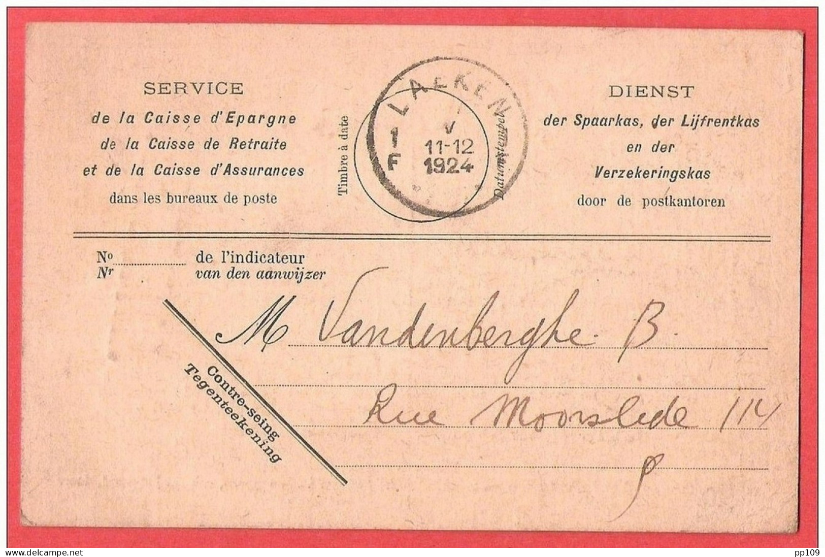 CP Franchise CGER Obl LAEKEN  1924 Au Dos Griffe Du Bureau LAEKEN 1 - Franchise