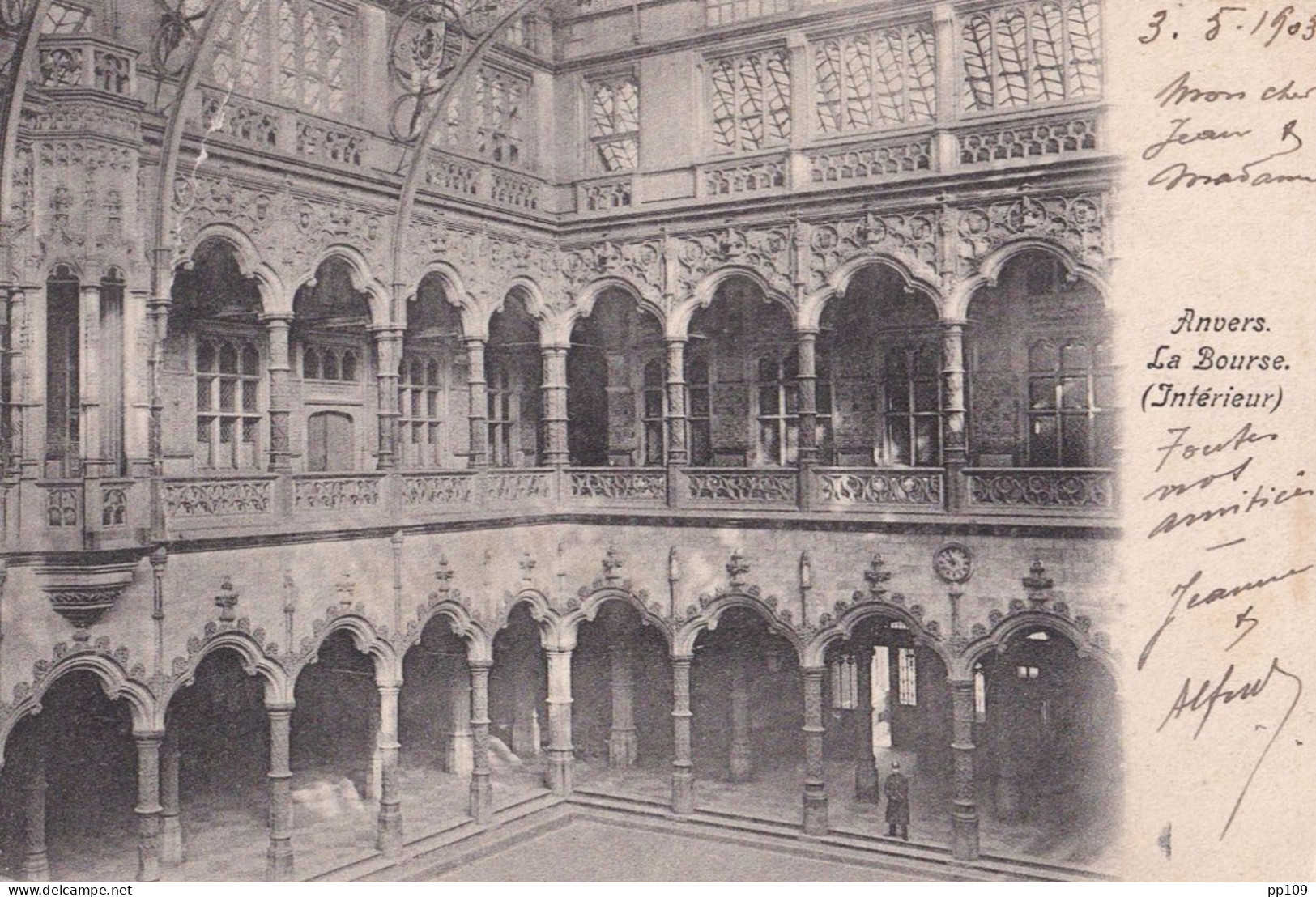 CP ANVERS LA Bourse Intérieur  TP Perforé Obl 3 V 1903  ALFRED LELAURAIN Bruxelles - 1909-34