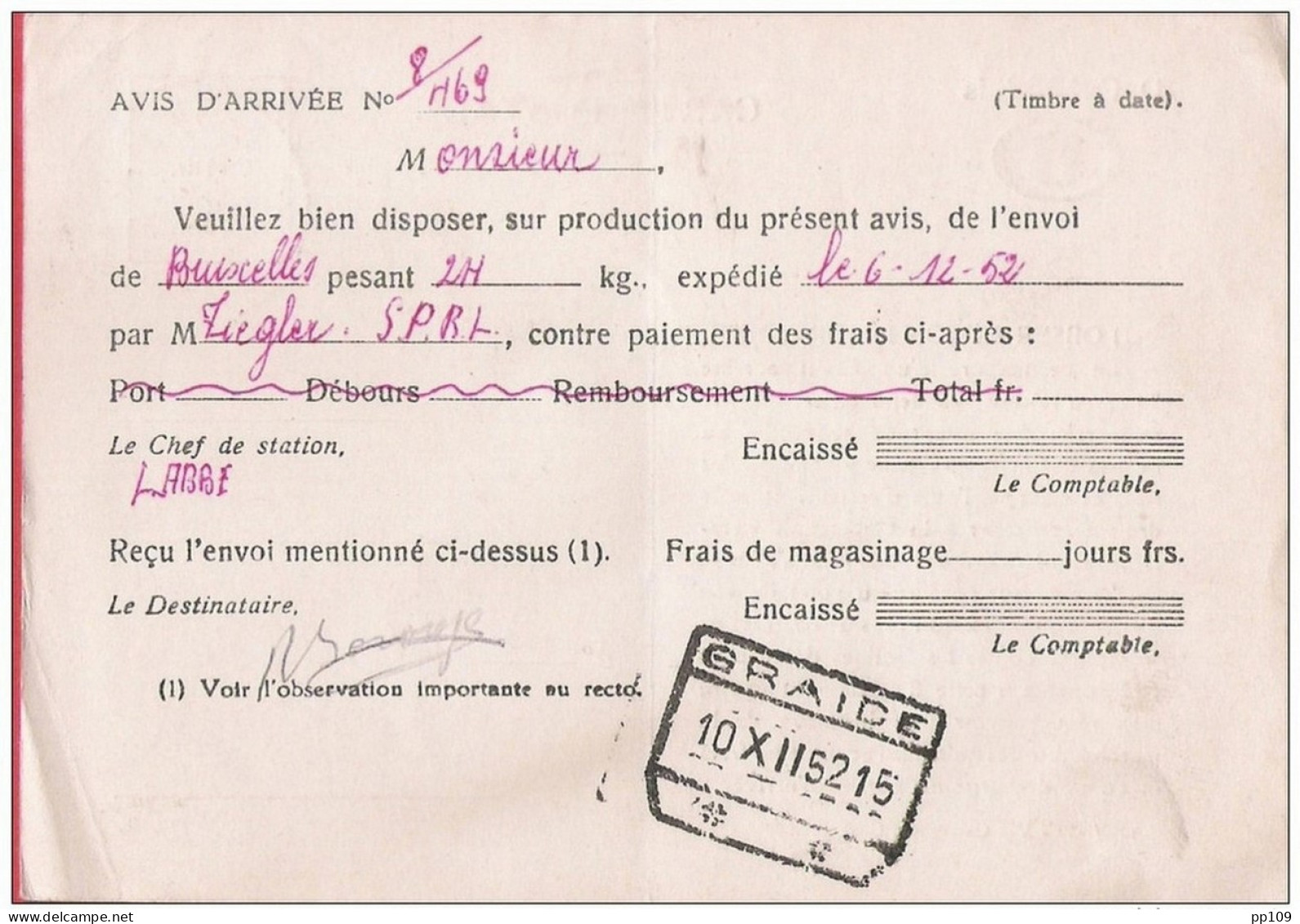 Belgique  Timbre De Service SNCB  S41  Obl 9 XII 1952 Obl étoiles GRAIDE Avec Obl Au Dos - Pas Courant - Other & Unclassified