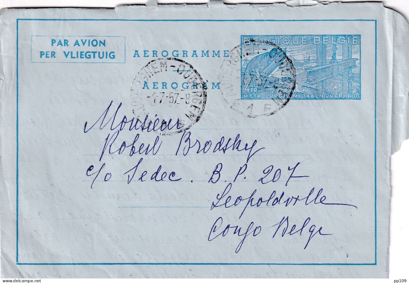 AEROGRAMME Vers Congo Belge Sedec  Obl AUDERGHEM OUDERGEM 1 VII 1957 - Aerogrammi