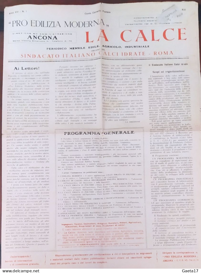 La Calce - Periodico Mensile Edile, Agricolo, Industriale - Anno XVI N. 1 - Primeras Ediciones