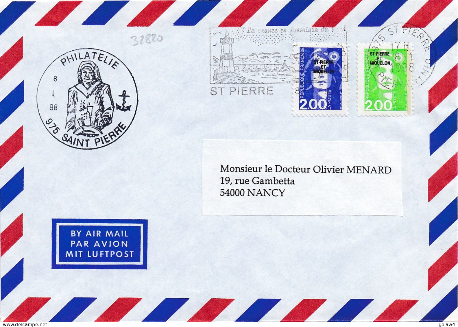 32820# MARIANNE BRIAT LETTRE Obl 975 ST PIERRE ET MIQUELON 1998 PHILATELIE NANCY MEURTHE MOSELLE - Lettres & Documents