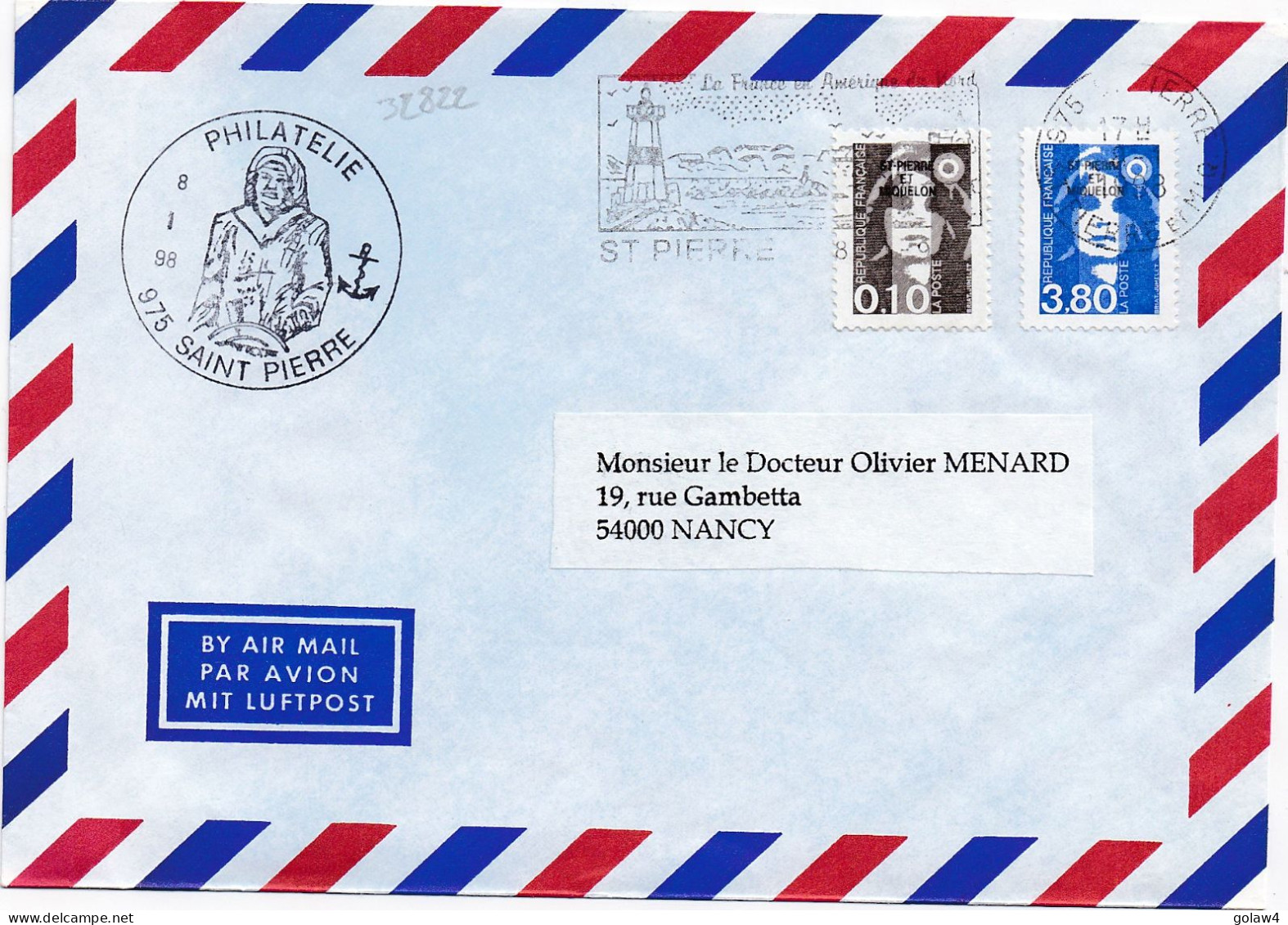 32822# MARIANNE BRIAT LETTRE Obl 975 ST PIERRE ET MIQUELON 1998 PHILATELIE NANCY MEURTHE MOSELLE - Covers & Documents