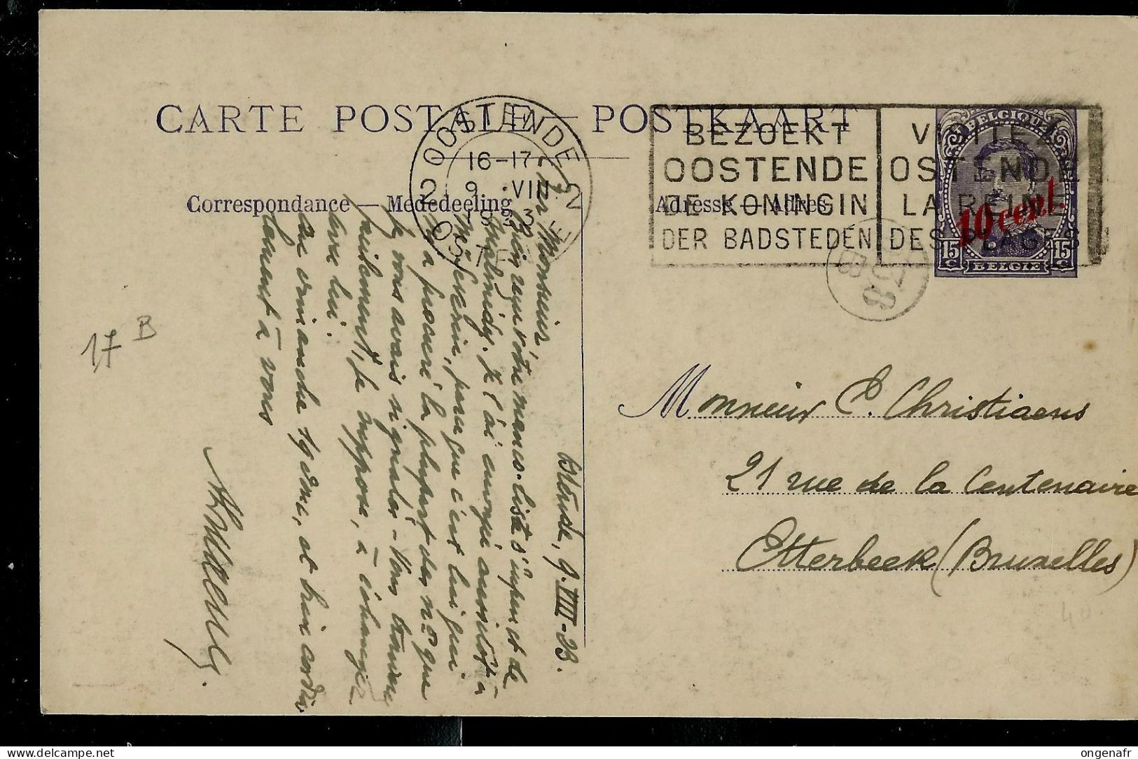 Carte Obl.  N° 17b. - Paquebots - Obl. OOSTENDE 09/08/1923 Vers Etterbeek - Tarjetas Transatlánticos