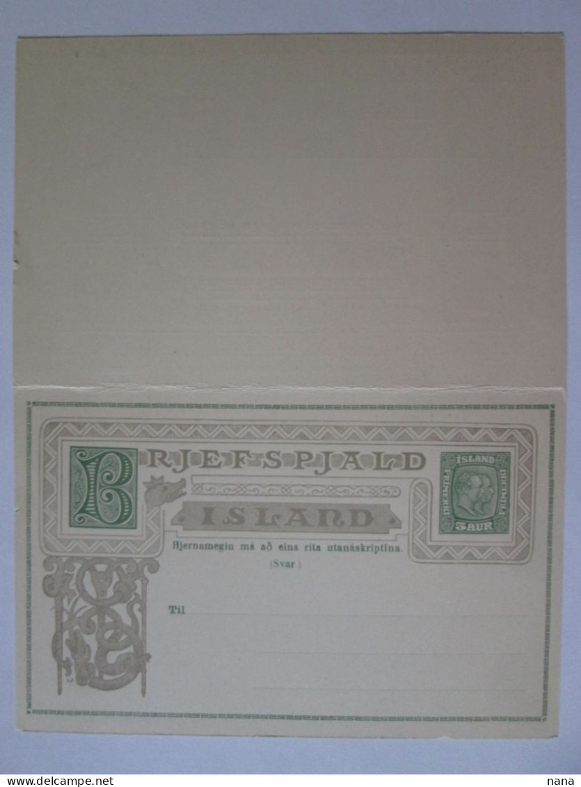 Iceland Entier Pos.double Avec Reponse 5 Aurar Non Voyagee 1890/Iceland Double Stationery Post.with Answer 5 Aurar - Lettres & Documents