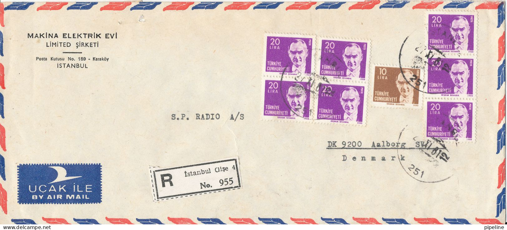 Turkey Registered Air Mail Cover Sent To Denmark Istanbul 21-11-1981 (the Cover Is Damaged At The Top Of The Backside) - Luftpost