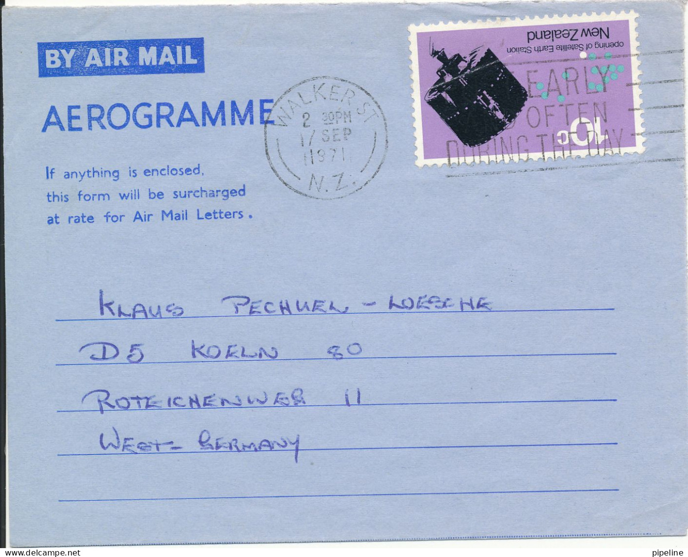 New Zealand Aerogramme Sent To Germany Walker St. 17-9-1971 - Poste Aérienne