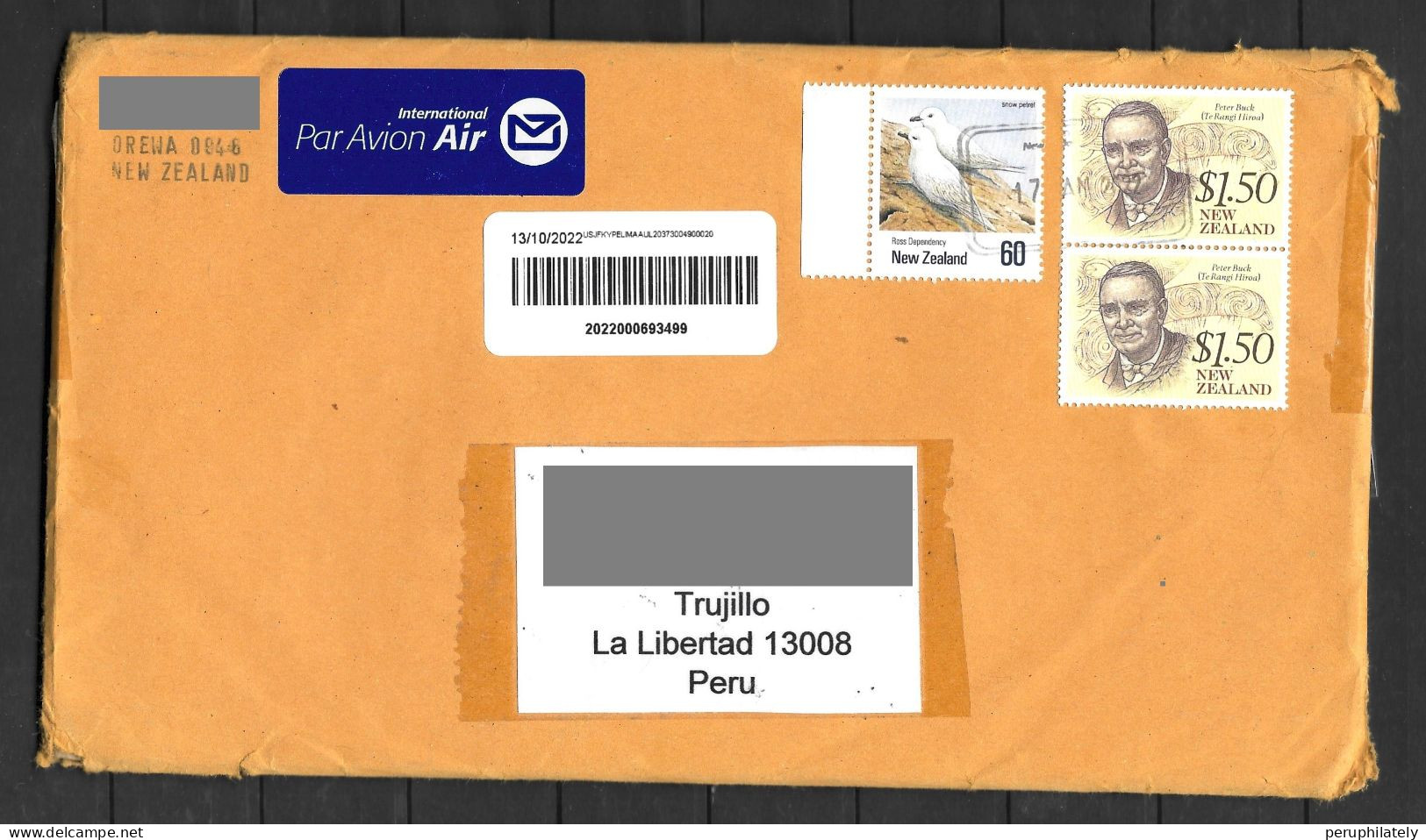 New Zealand Cover With Bird & Peter Buck Stamps Sent To Peru - Cartas & Documentos