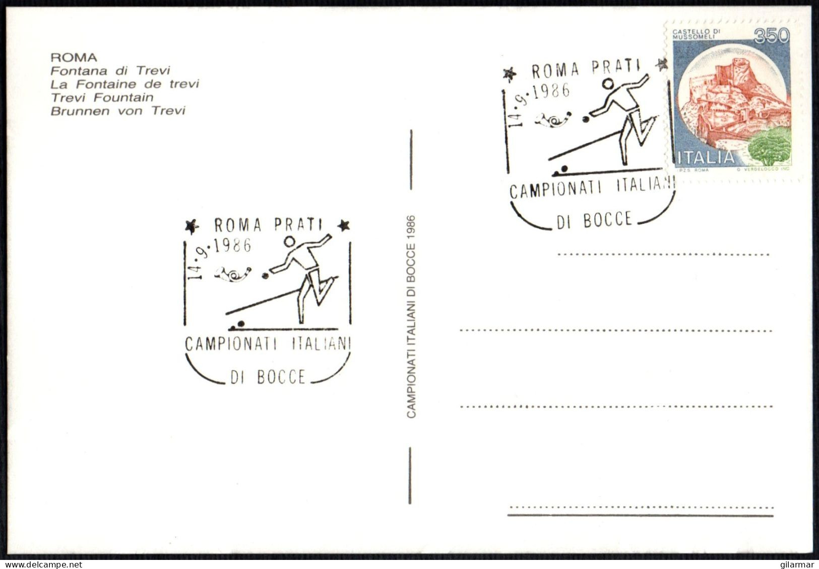 BOWLS - ITALIA ROMA 1986 - CAMPIONATI ITALIANI DI BOCCE - CARTOLINA UFFICIALE - FONTANA DI TREVI - A - Boule/Pétanque