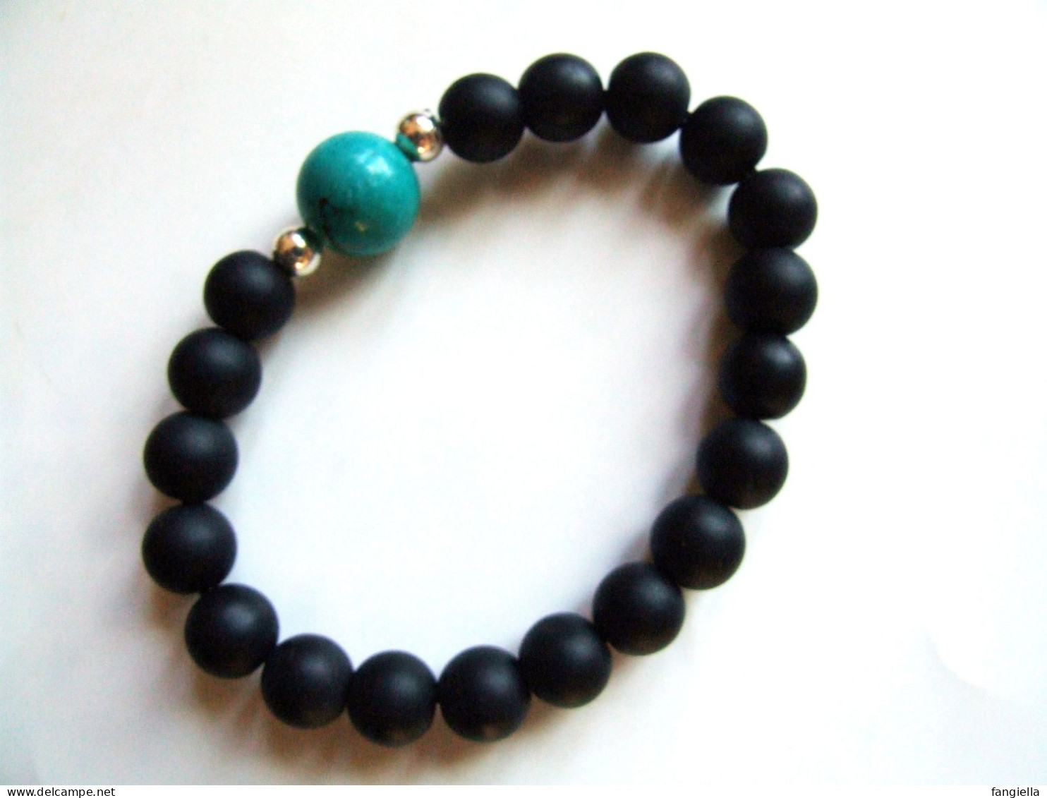 Fête des pères, bracelet pierre JH, Johnny Hallyday, Turquoise bleue, Onyx noir mat, bijou biker, cadeau homme, bracelet