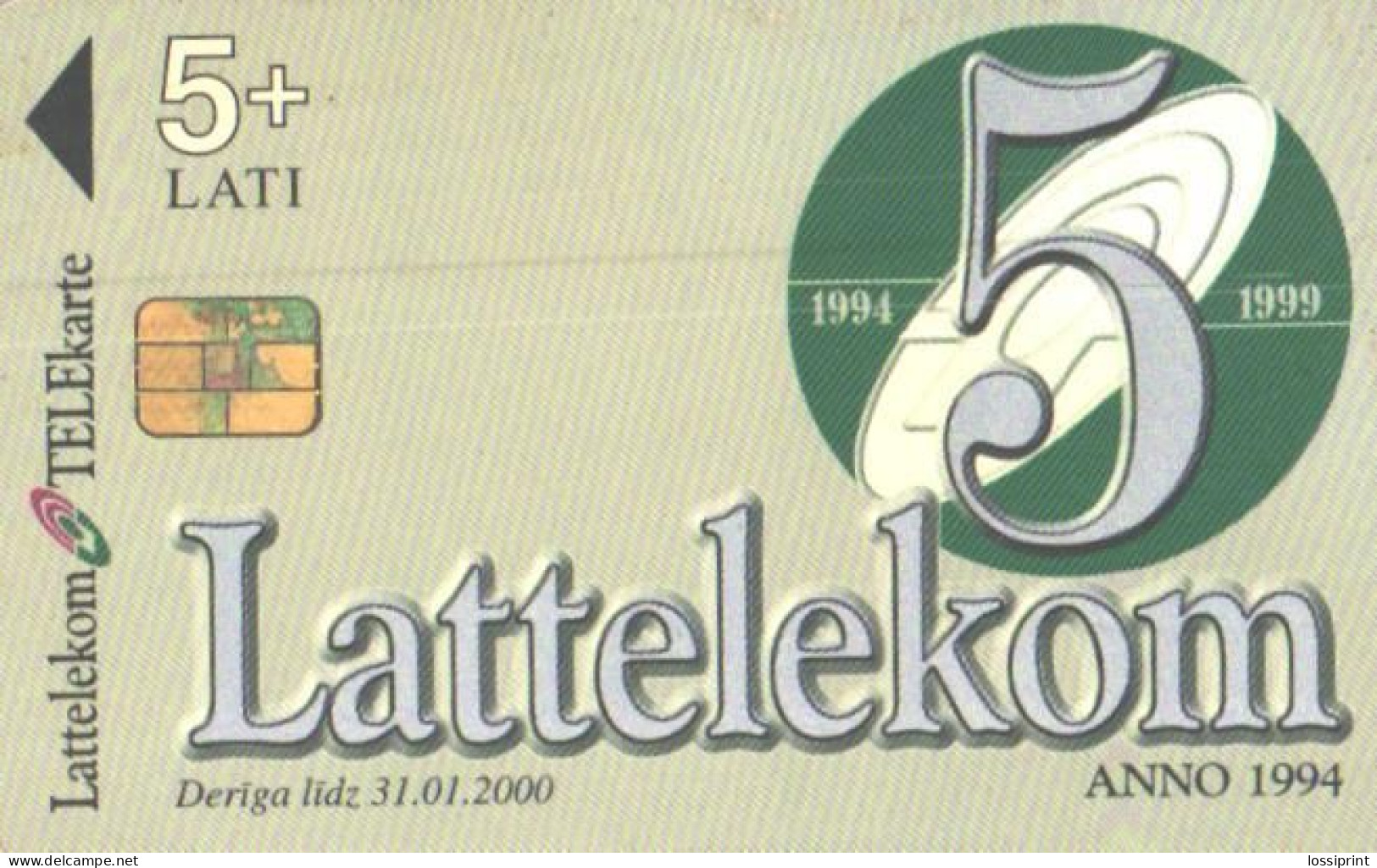 Latvia:Used Phonecard, Lattelekom, 5 Lati, Lattelekom 5 Years, 1999 - Lettonia