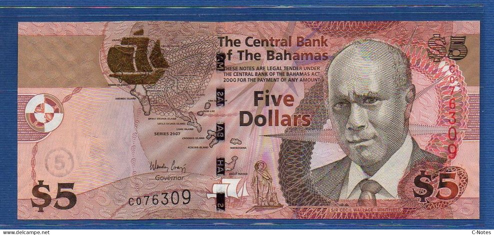 BAHAMAS - P.72 – 5 Dollars 2007 UNC, S/n C076309 - Bahama's