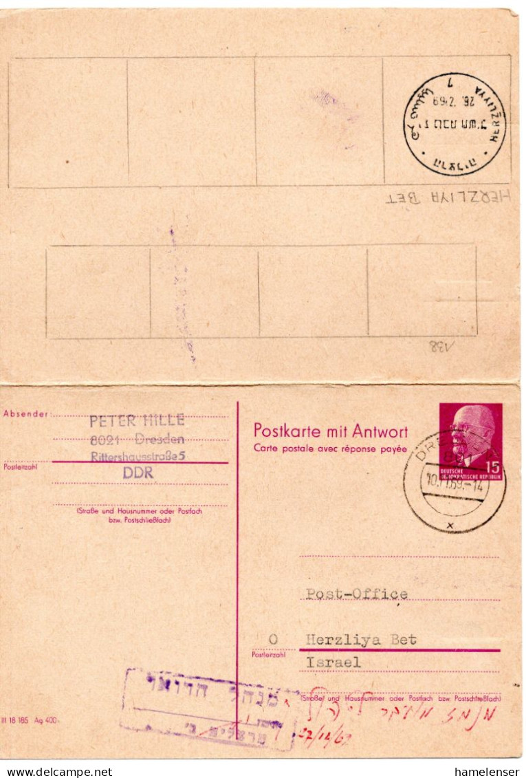 66687 - DDR - 1969 - 15Pfg Ulbricht GAAntwKte DRESDEN -> HERZLIYA (Israel), M Anh AntwKte Zurueck Gelaufen - Lettres & Documents