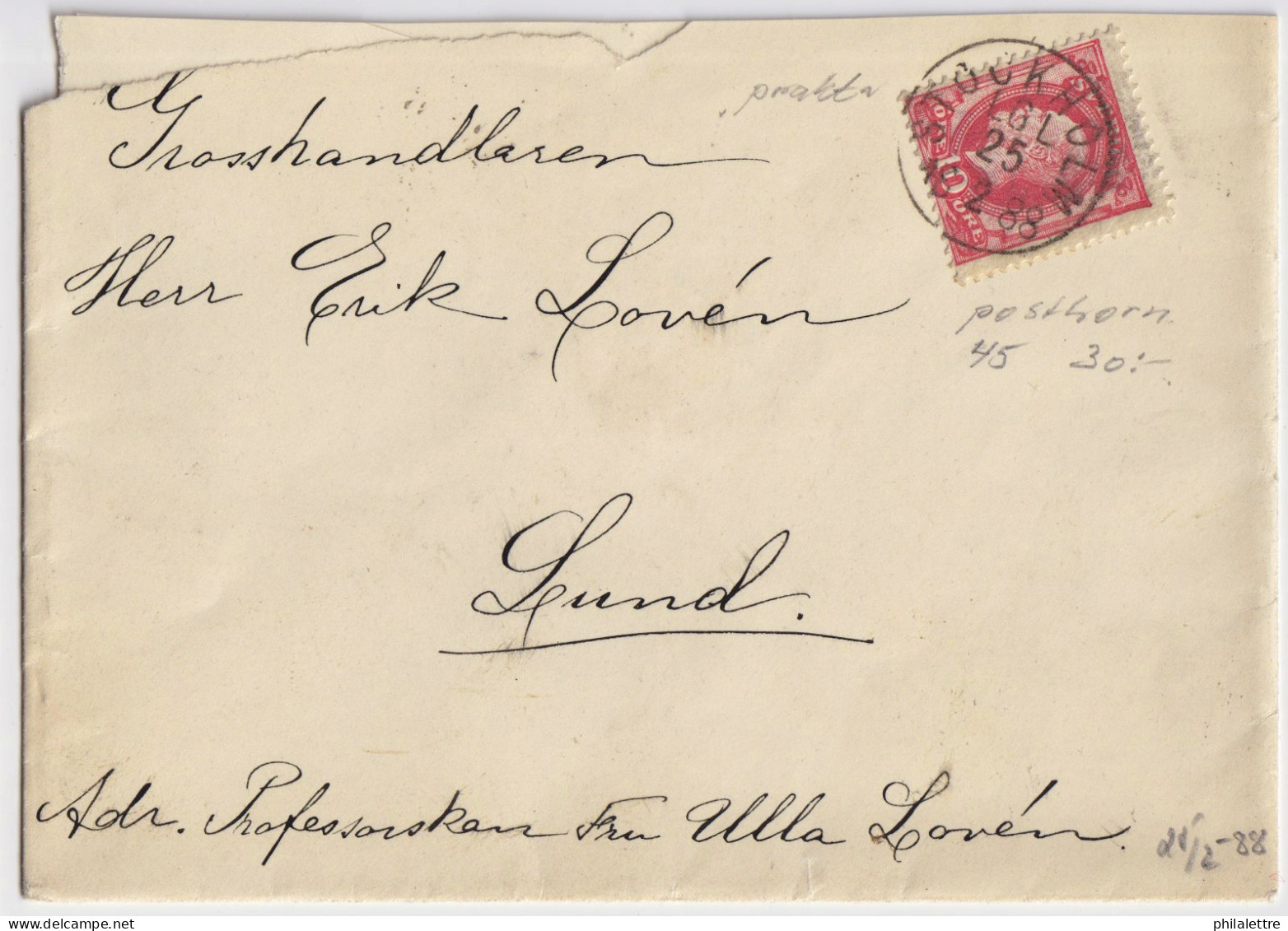 SUÈDE / SWEDEN - 1888 (Feb 25) - Facit 45 10ö Rose Used On Cover From STOCKHOLM To LUND - Storia Postale