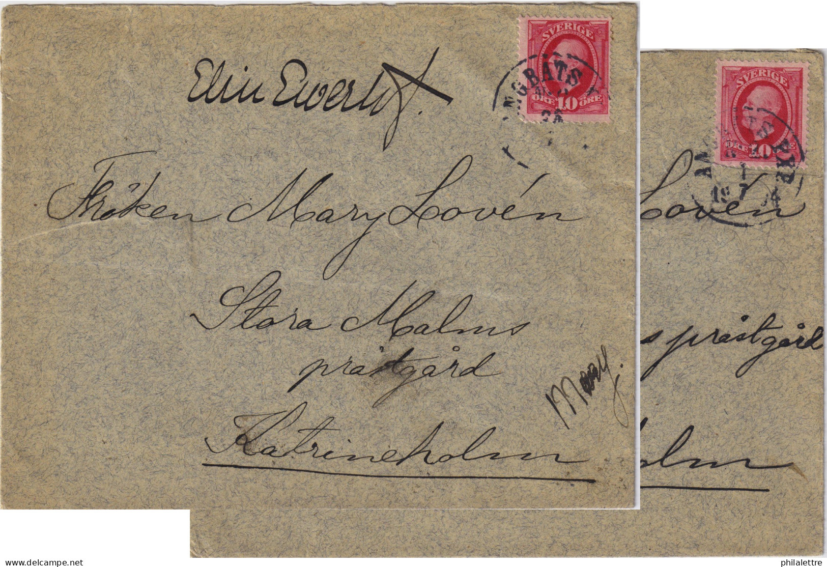 SUÈDE / SWEDEN - 1904 10ö Red Facit 54 On 2 Covers -  ANGBATS PXP. N°2 Type 1 Steamship Date Stamps To Stockholm - Storia Postale