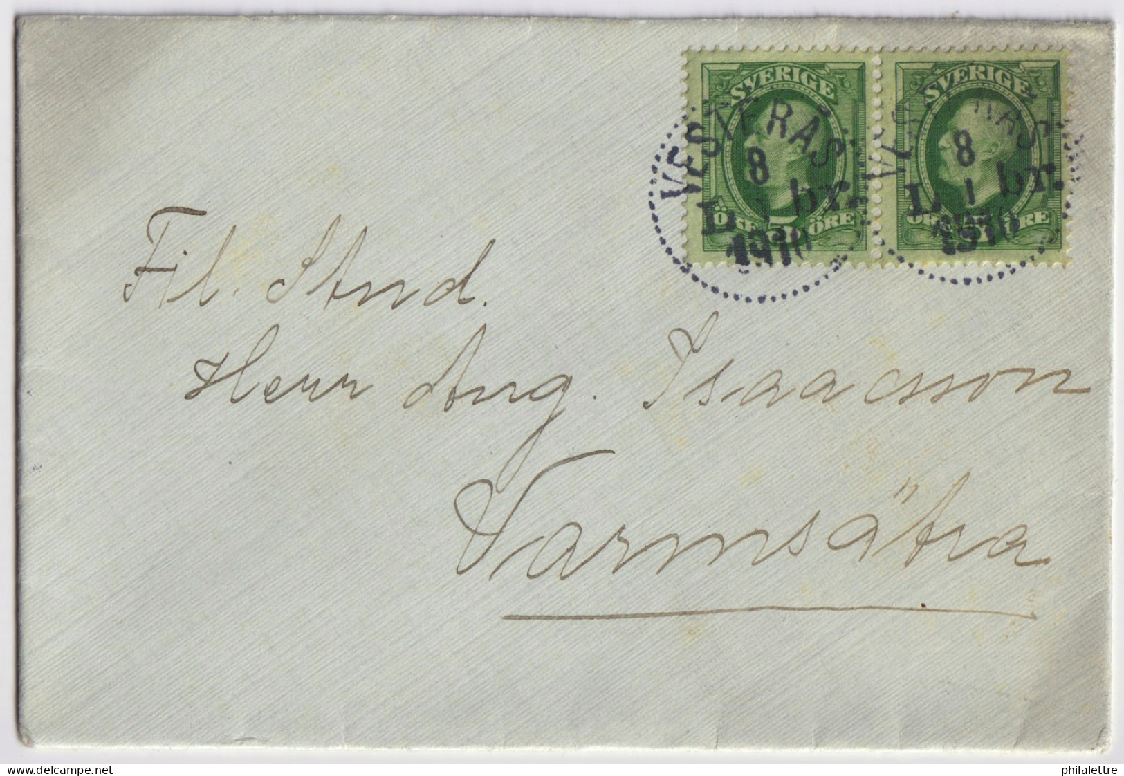 SUÈDE / SWEDEN - 1910 (Jan 8) 2x 5ö Green Facit 52 Used "VESTERÅS" On Cover To Varmsätra - Brieven En Documenten