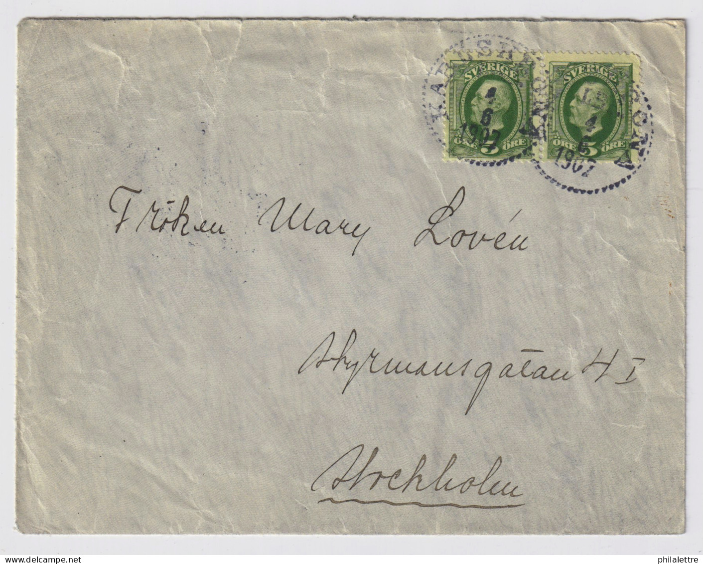 SUÈDE / SWEDEN - 1907 (Jun 1) 2x 5ö Green Facit 52 On Cover From KARLSKRONA To Stockholm - Covers & Documents