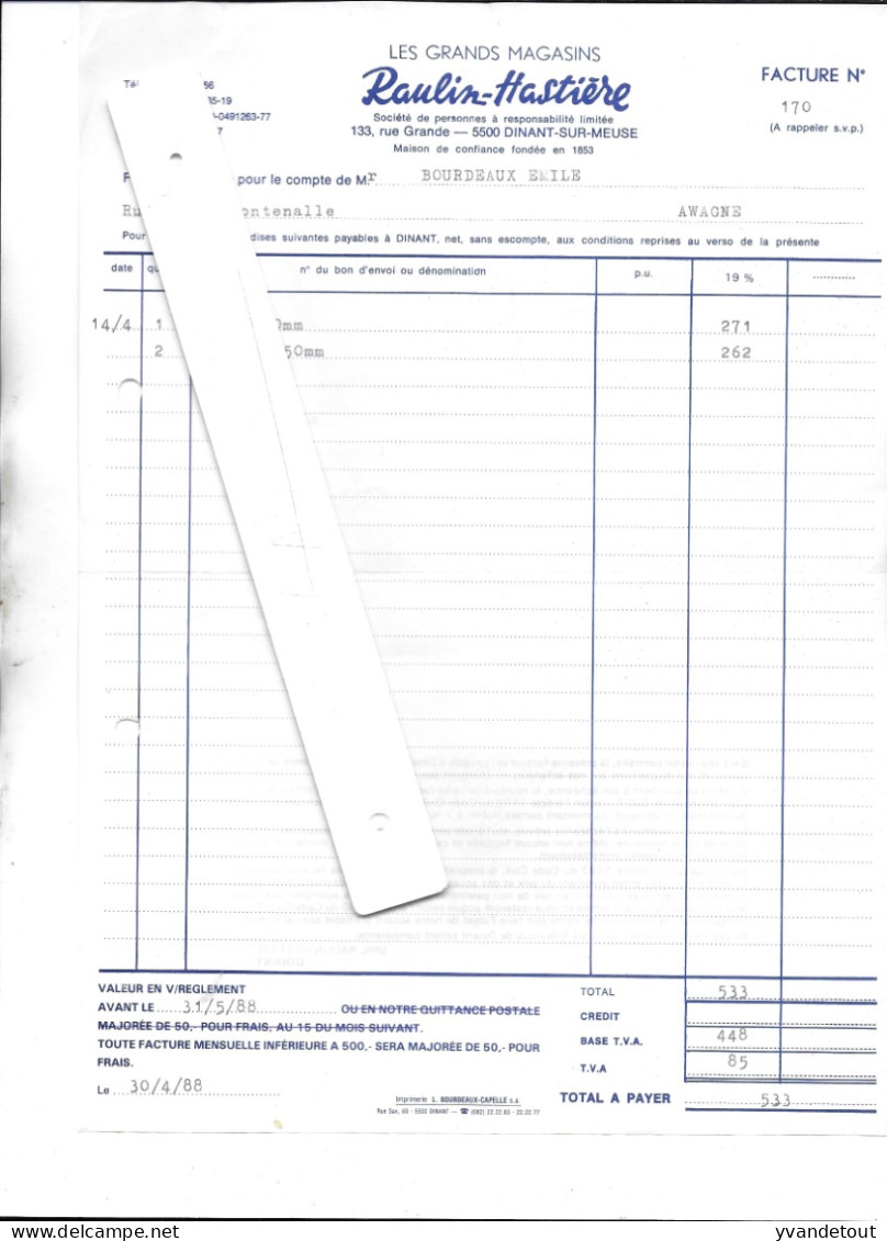 Facture Raulin-Hastiuère Dinant. 1988 - 1950 - ...