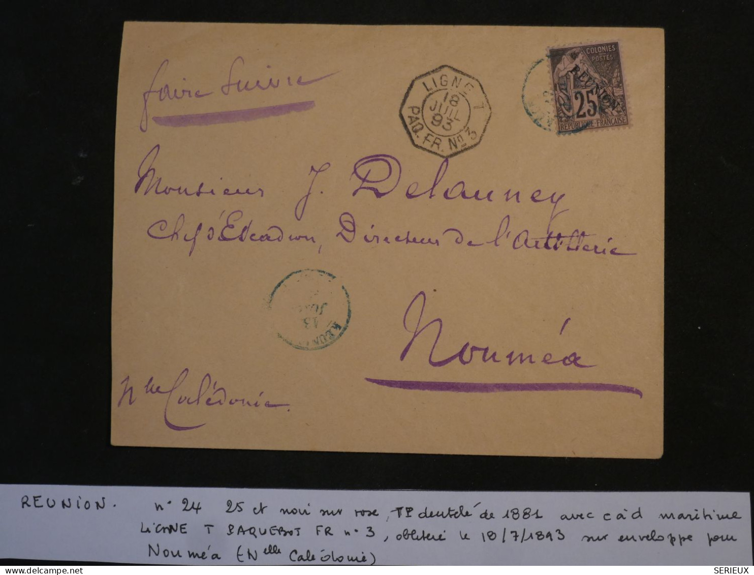 C LA REUNION BELLE LETTRE RARE 1893 PAQUEBOT ST DENIS A NOUMEA CALEDONIE +SURCHARGE N°24+ AFFRANCH. PLAISANT - Cartas & Documentos