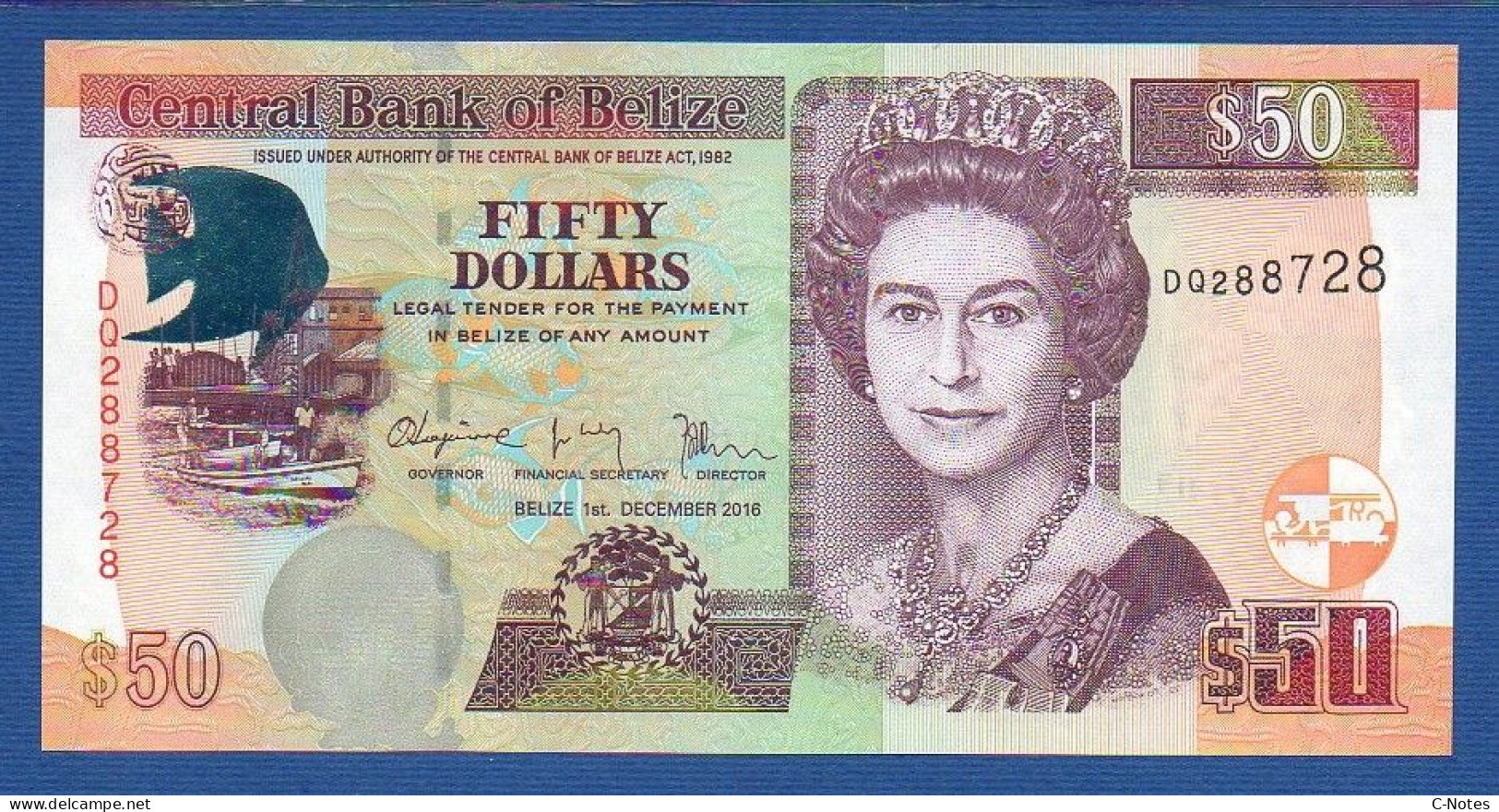 BELIZE - P.70f –  50 Dollars 2016 UNC, S/n DQ288728 - Belize