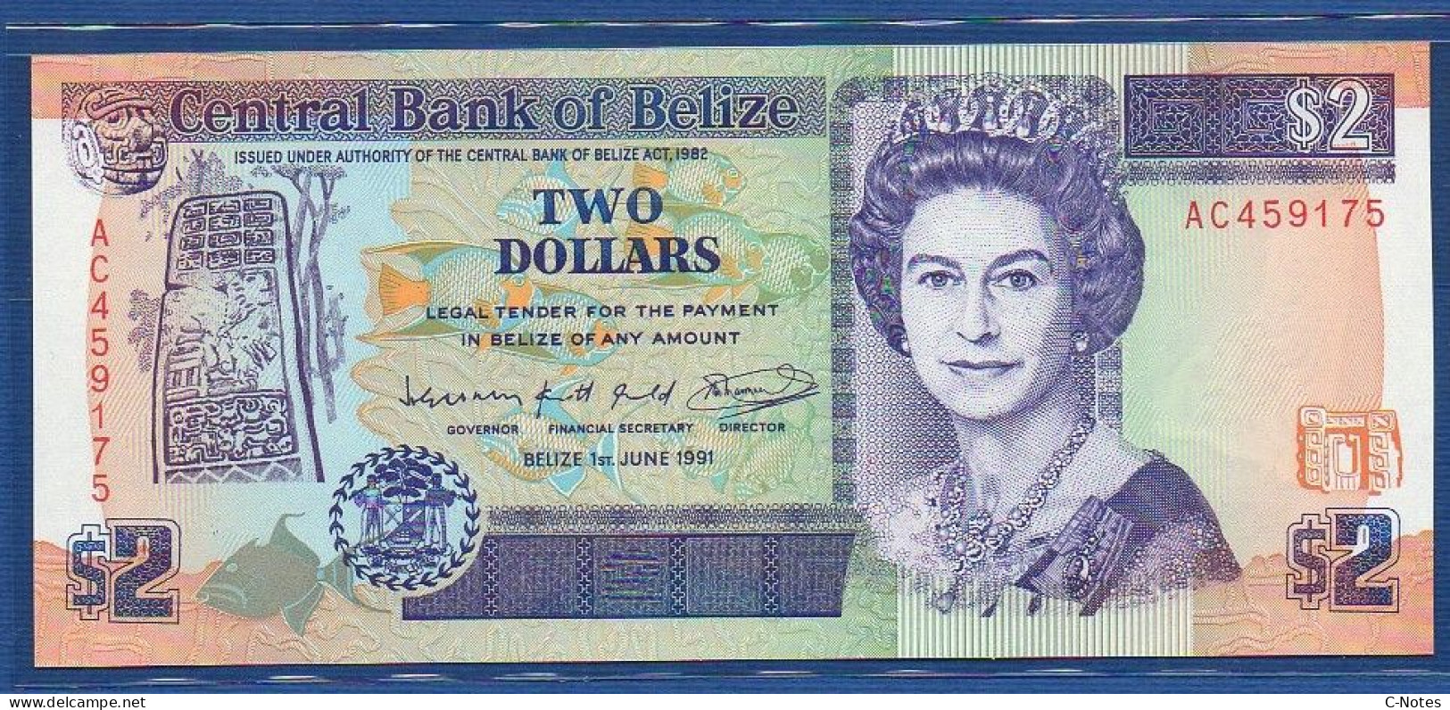 BELIZE - P.52b – 2 Dollars 1991 UNC, S/n AC459175 - Belize