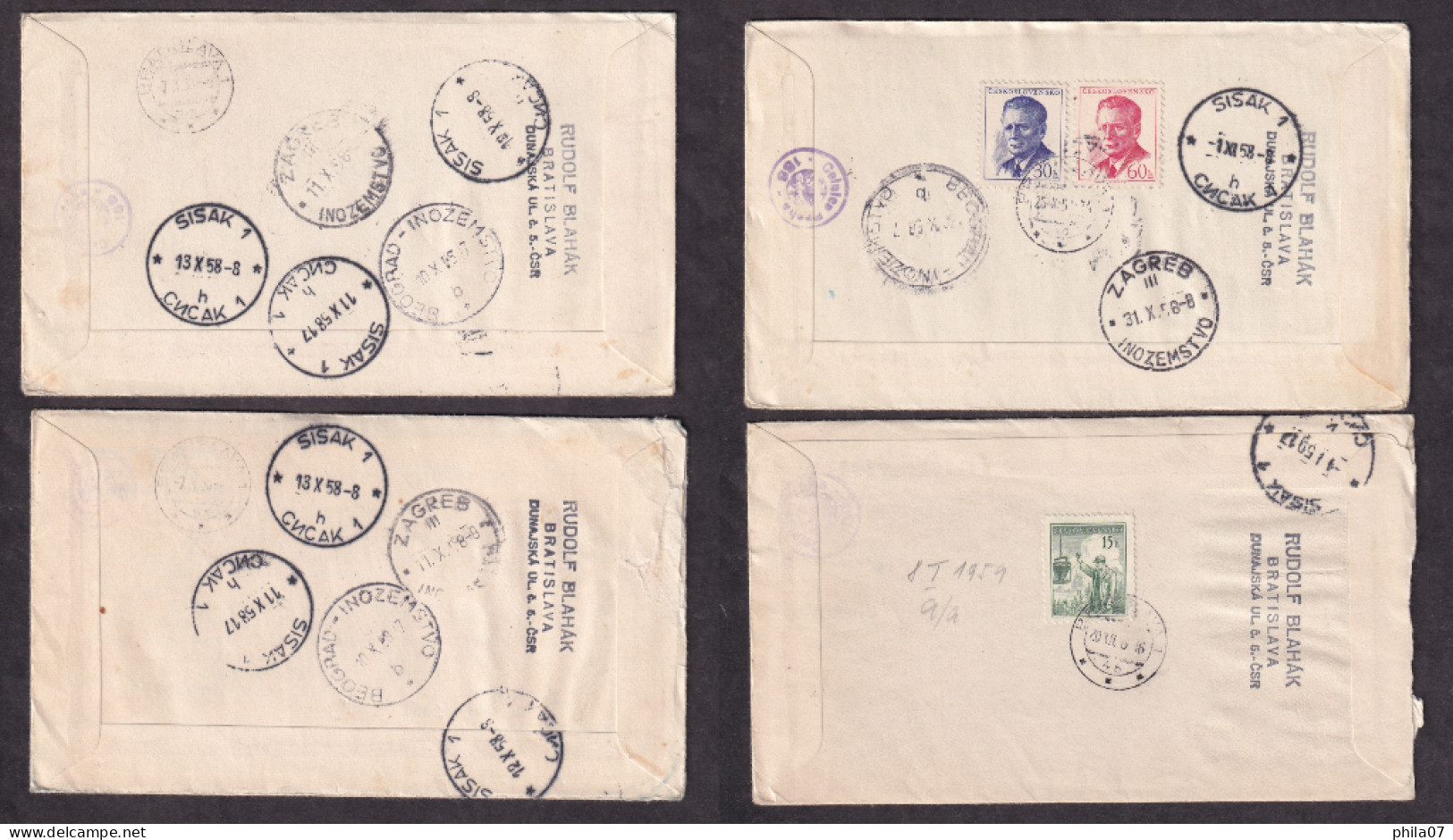 Czechoslovakia 1958 - Lot Of 4 First Day Covers Mostly Sent By Registered Mail To Sisak, Various Topic, Nice / 6 Scans - FDC