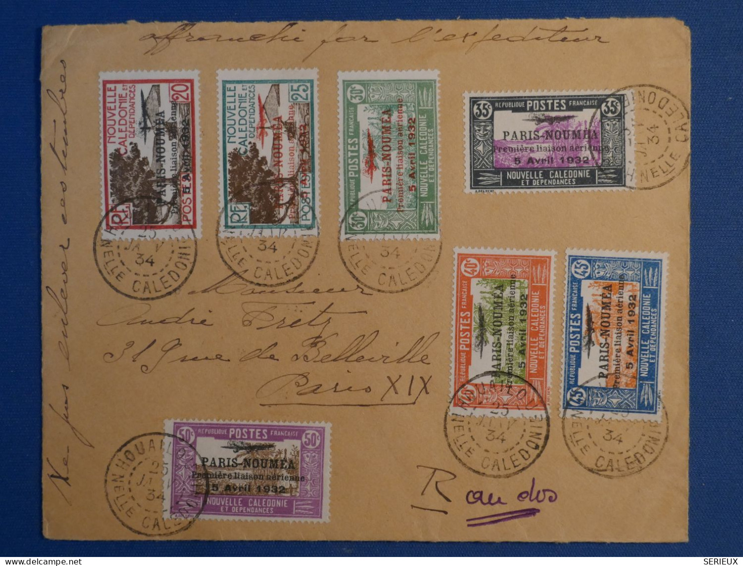 C NOUVELLE CALEDONIE BELLE LETTRE RARE 1934  PETIT BUREAU HOUAILOU 1ER VOL  NOUMEA PARIS FRANCE+ PA N°9...++ - Lettres & Documents