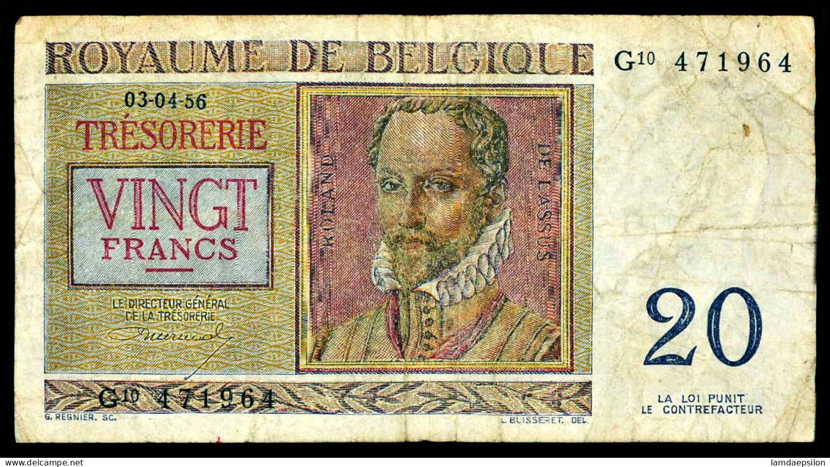 A8 BELGIQUE   BILLETS DU MONDE   BANKNOTES  20 FRANCS 1956 - Autres & Non Classés