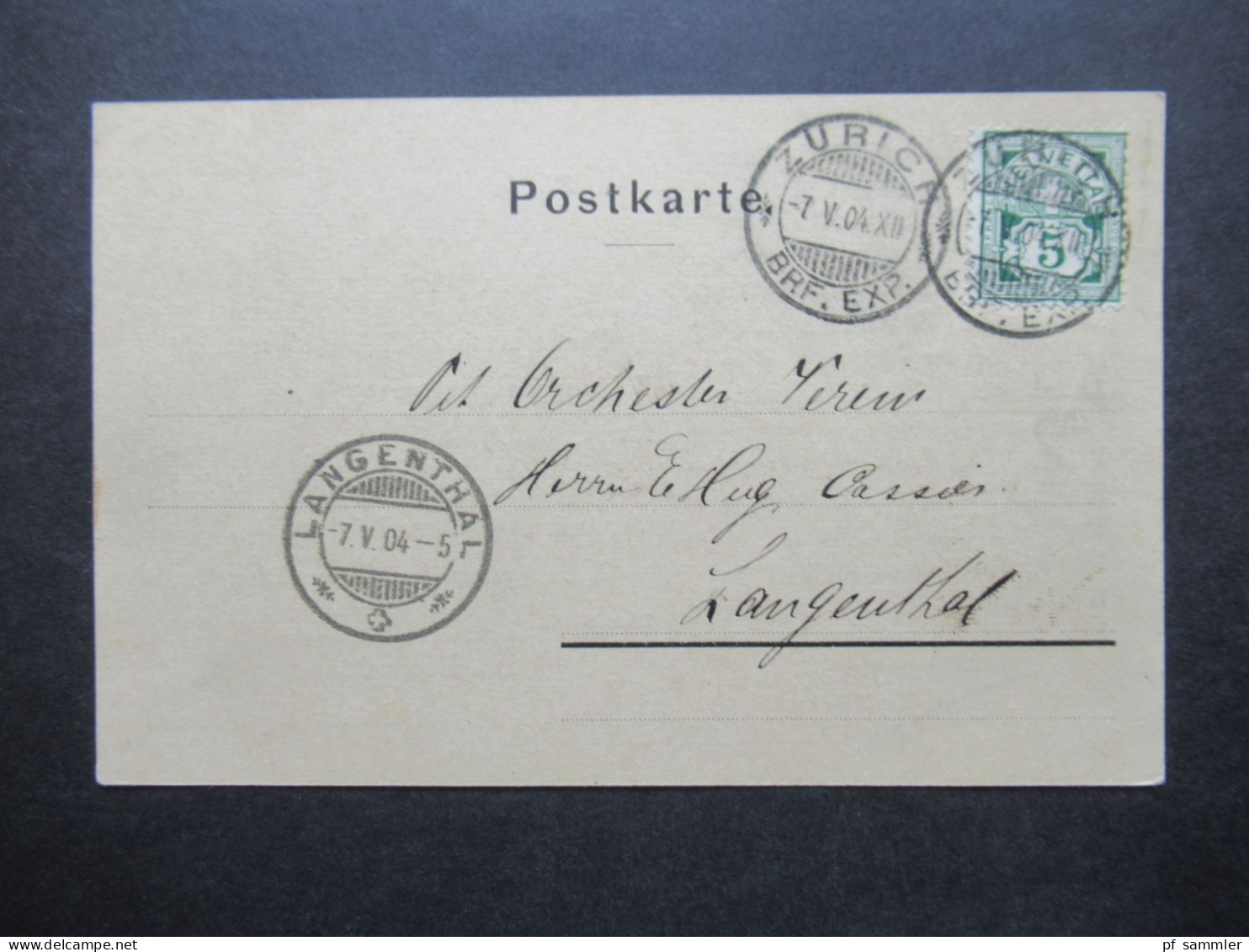 Schweiz 1904 Bedruckte Postkarte 2x Stempel Zürich Brf. Exp. Mit Ank. Stempel Langenthal / Gebrüder Hug Musikinstrumente - Lettres & Documents