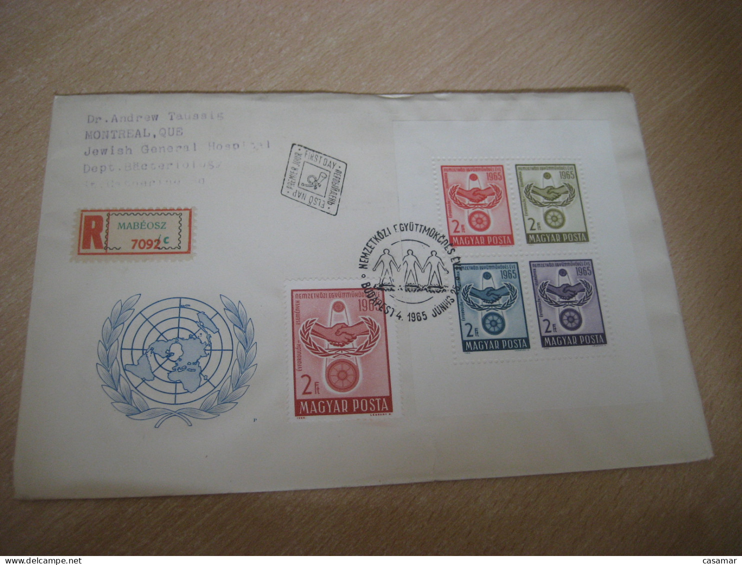 BUDAPEST 1965 To Montreal Canada Int. Coop. Yv 1743 + Bloc 54 Registered FDC Cancel Cover HUNGARY - Lettres & Documents