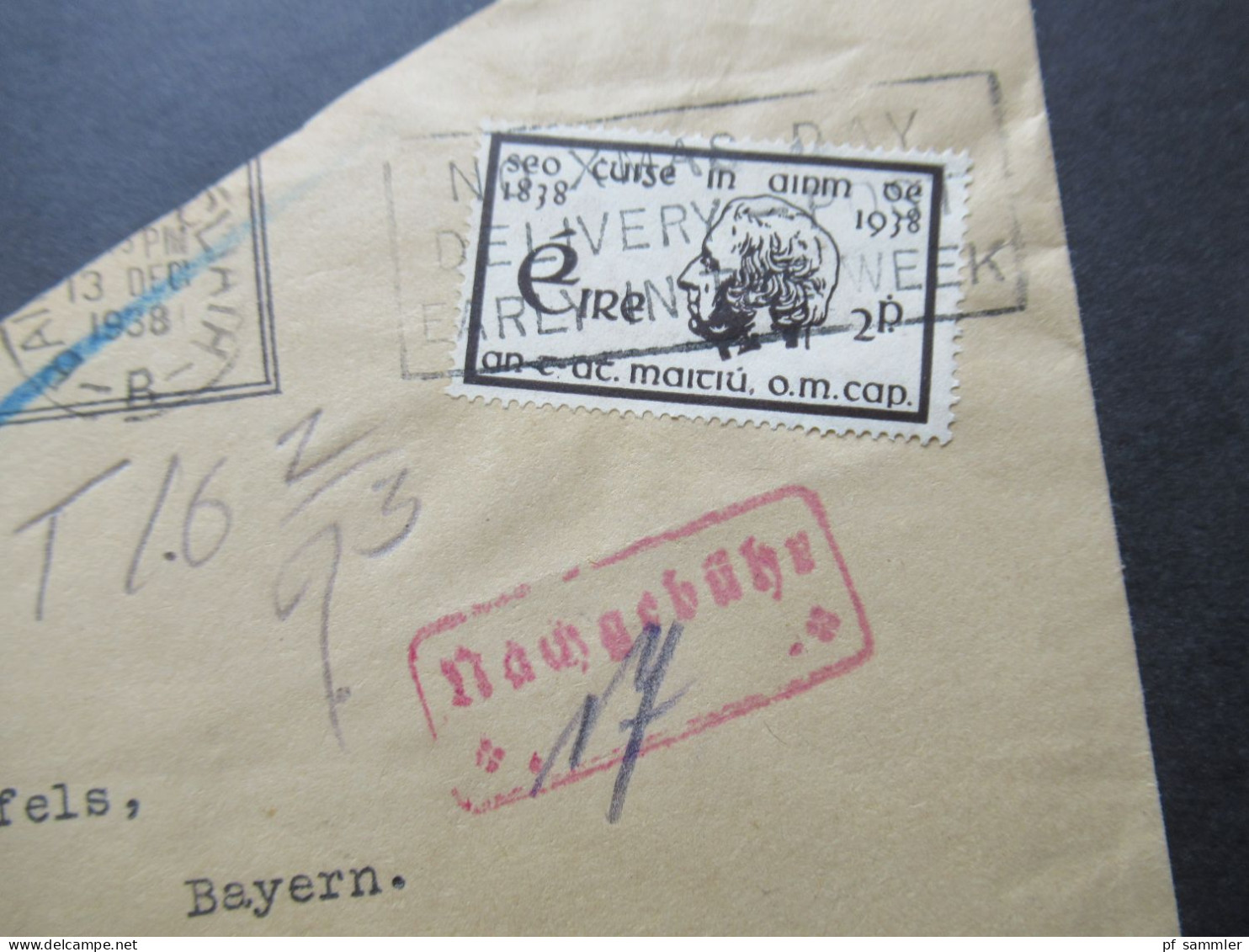 Irland / Éire 1938 Michel Nr.67 EF Nach Lichtenfels Bayern Gesendet Mit Rotem Stempel Nachgebühr 17 / Nachtaxiert! - Covers & Documents