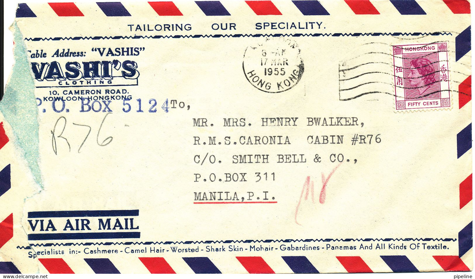 Hong Kong Registered Air Mail Cover Sent To Philippines 17-3-1955 - Lettres & Documents