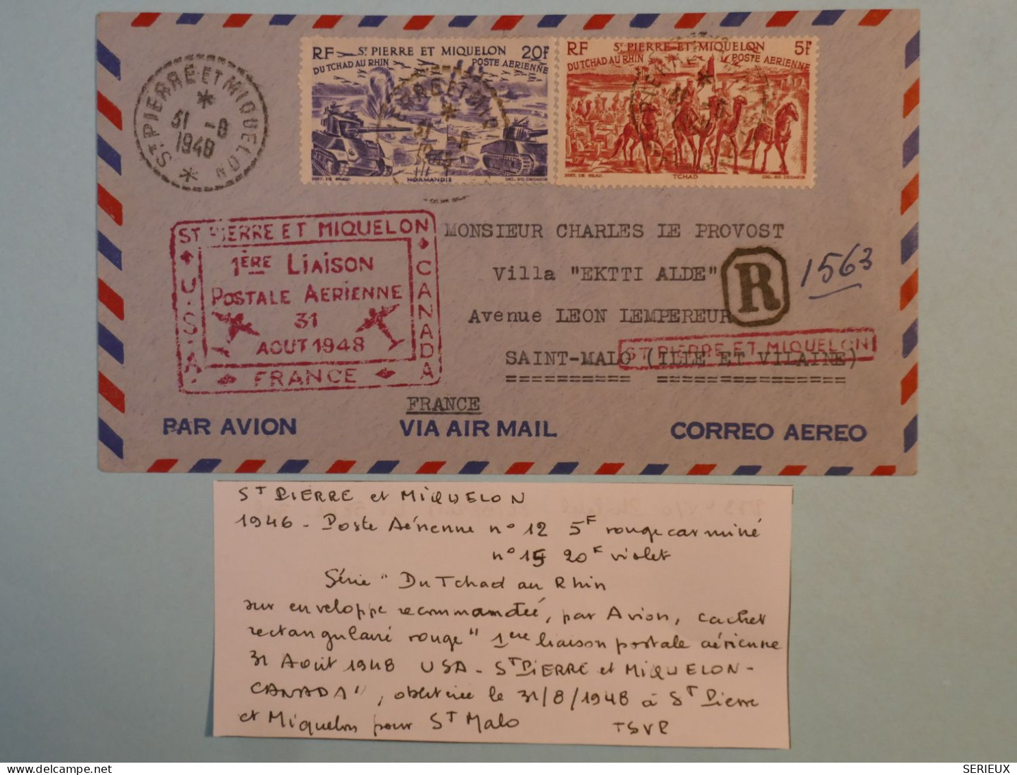 BT11 ST PIERRE & MIQUELON BELLE LETTRE   1948 1ER VOL  ST PIERRE A ST MALO  FRANCE +P AERIEN 12 15 +AFFRANCH. PLAISANT + - Covers & Documents