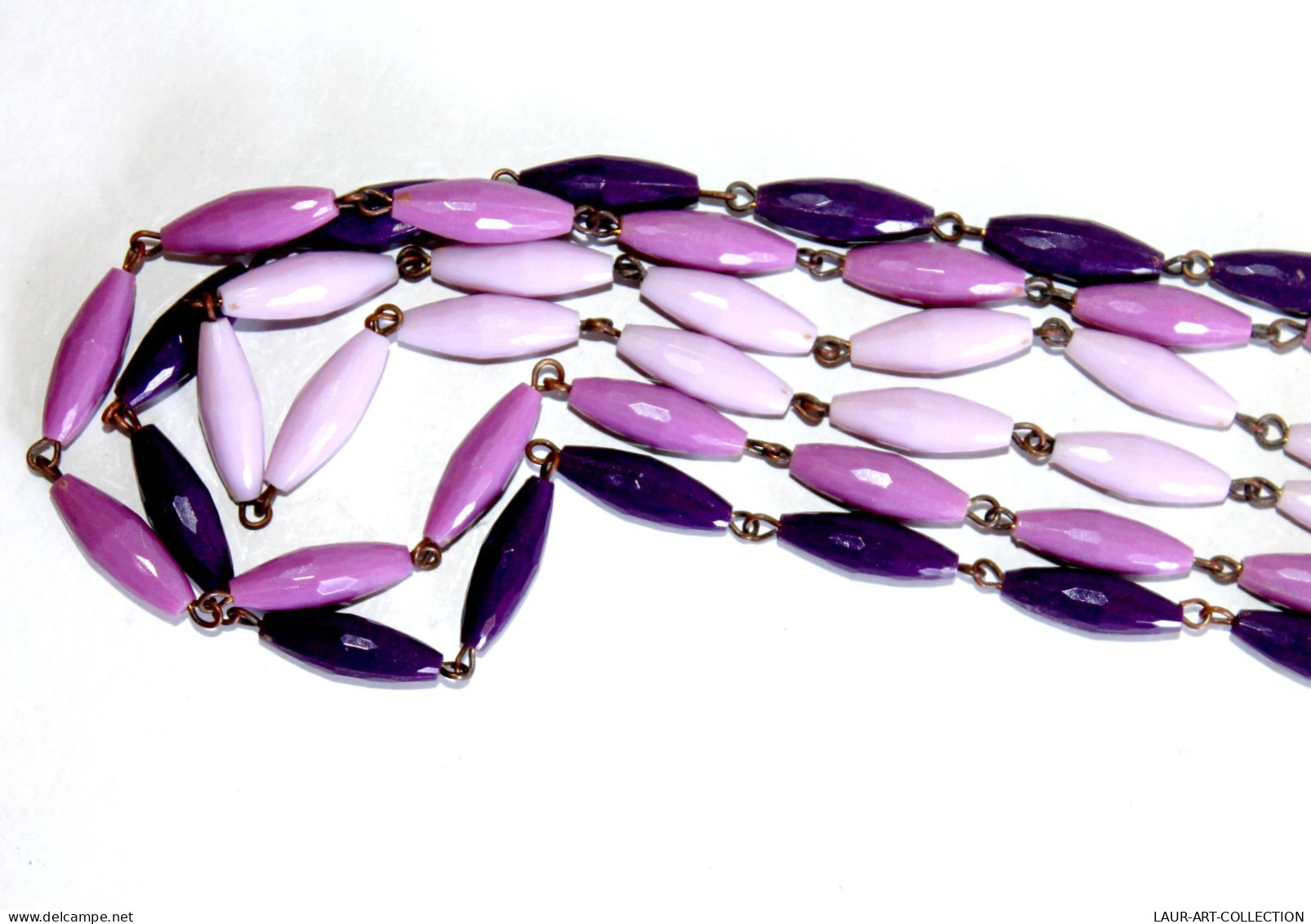 JOLI COLLIER SAUTOIR A 3 RANG PERLE RESINE PLASTIQUE VIOLET BIJOU FANTAISIE 46cm    (1505.14) - Necklaces/Chains