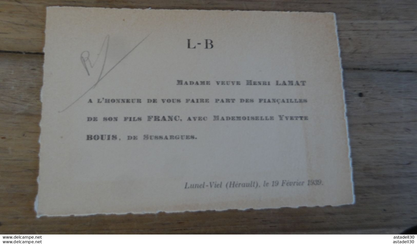 FP De Fiancailles Franc LAMAT Et Yvette BOUIS , LUNEL VIEL 1939 ............. E1-177 - Fiançailles