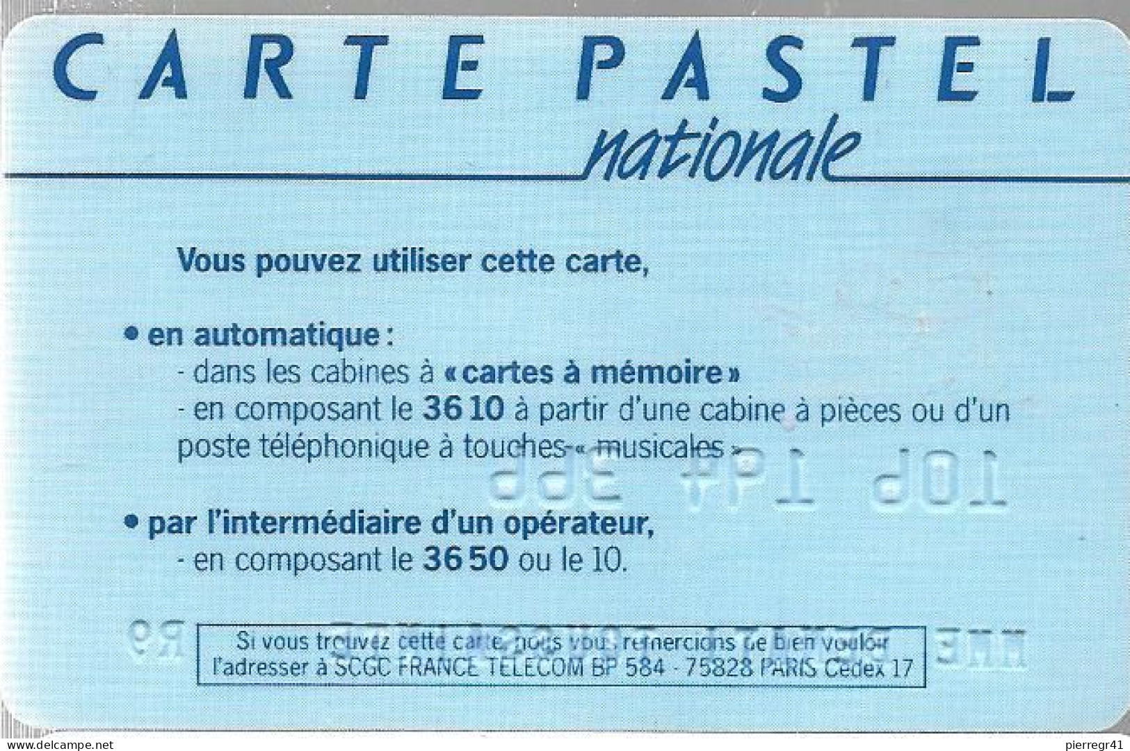 1-CARTE PUCE-BULL D-FRANCE TELECOM-PASTEL-NATIONALE- V° En Bas France Telecom BP584-TBE -  Cartes Pastel   