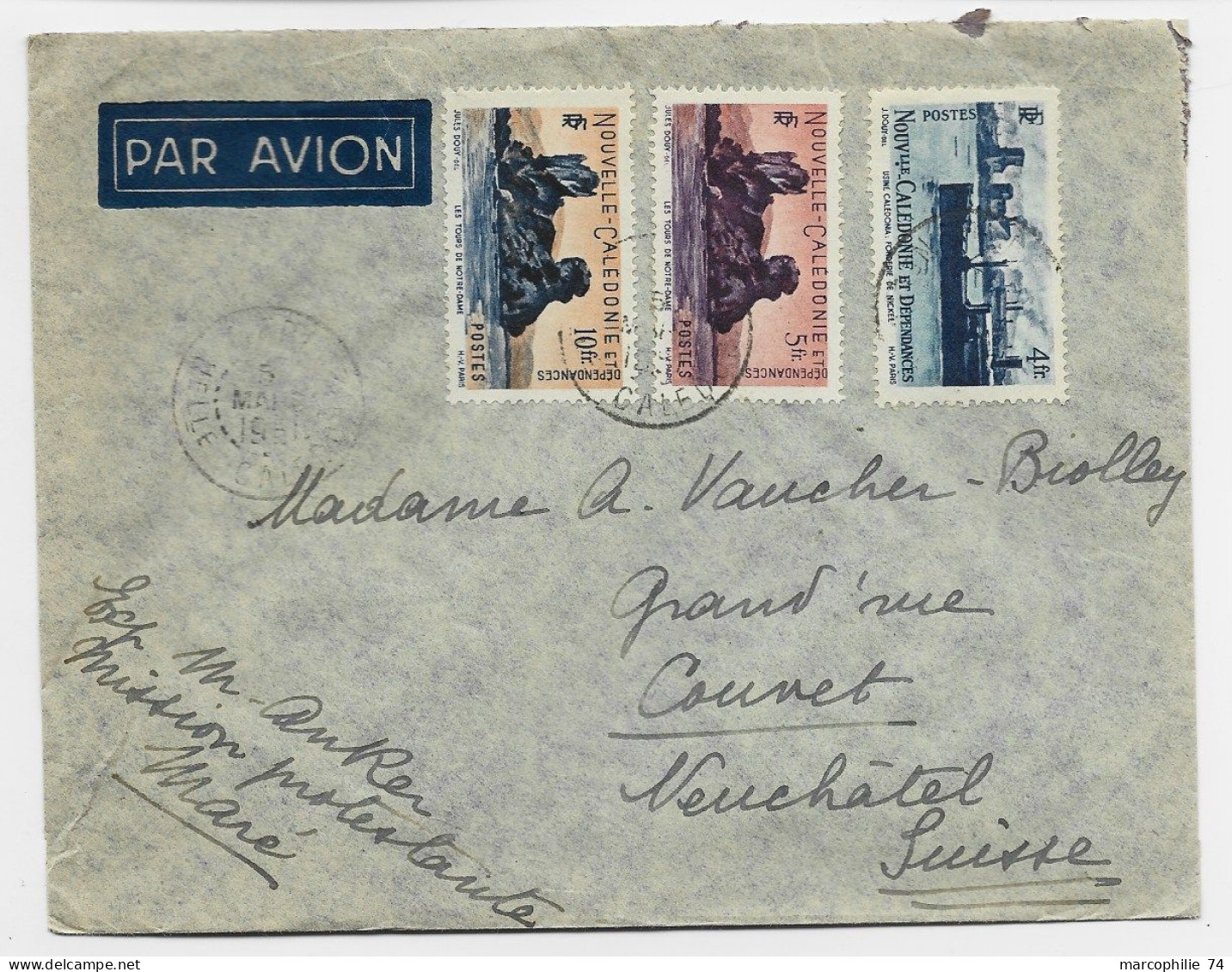 NOUVELLE CALEDONIE 10FR+5FR+4FR LETTRE COVER AVION NOUMEA 1951 TO SUISSE + MENTION MISSION PROTESTANTE MARE - Covers & Documents