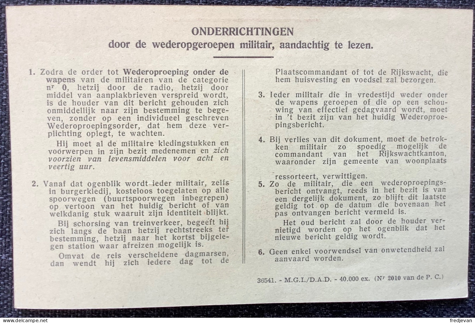 Briefkaart - WEDEROPROEPINGSBERICHT - Wervik 1 September 1954 - Wervik