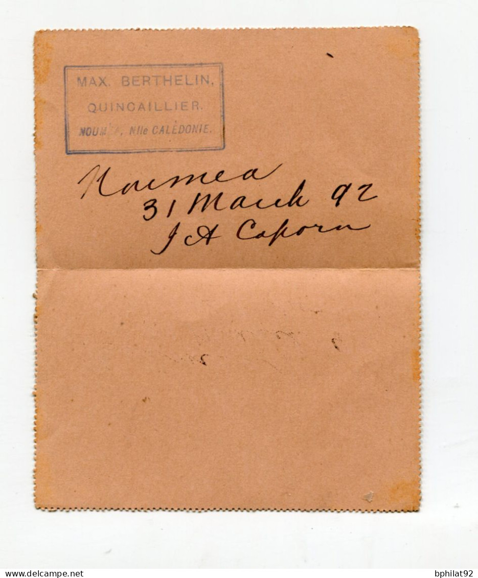 !!! NOUVELLE CALEDONIE, CACHET DE NOUMEA DE 1892 SUR ENTIER POSTAL DES COLONIES GENERALES POUR L'AUSTRALIE - Lettres & Documents