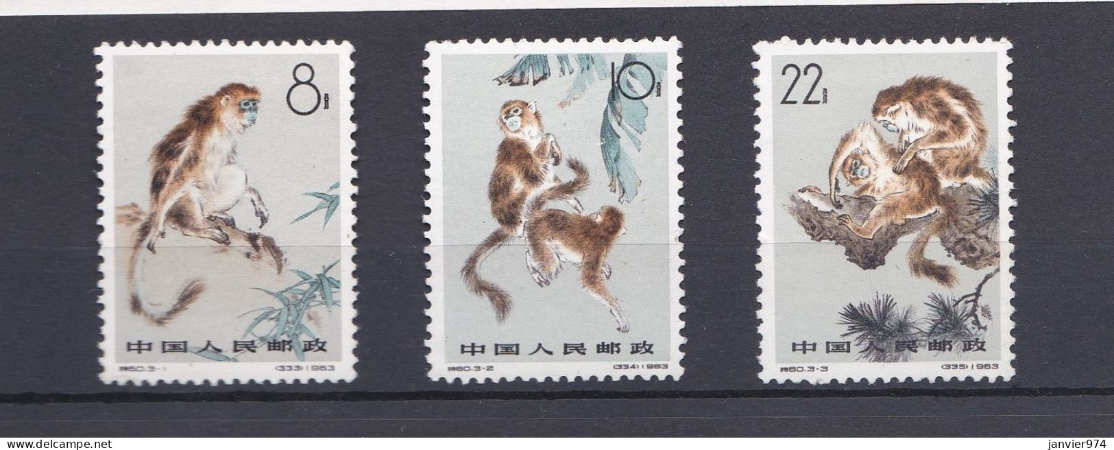 Chine 1963 La Série Complète 741 à 743, Monkeys Singe. 3 Timbres Neufs  Scan Recto Verso - Neufs