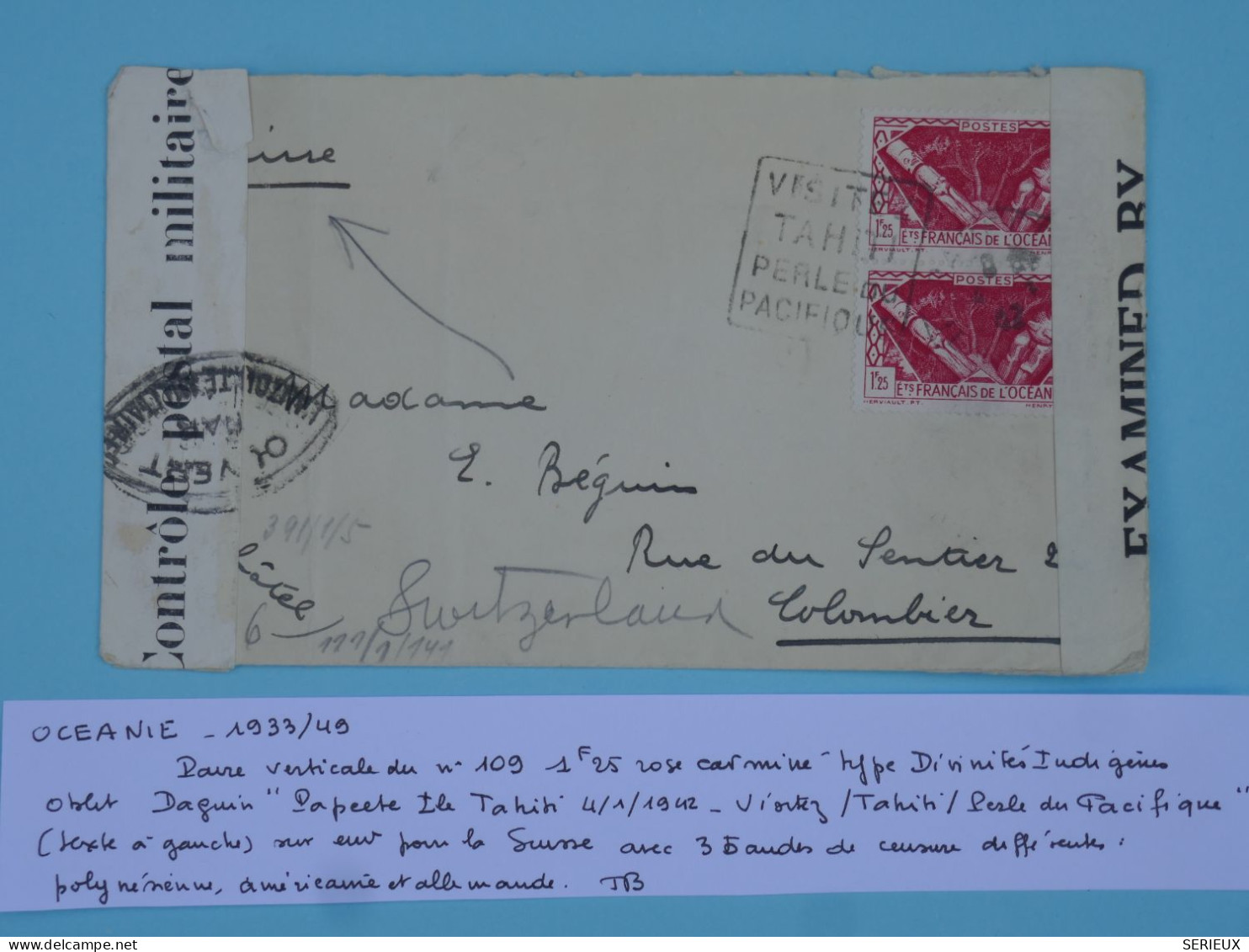 C ETAB. OCEANIE  BELLE LETTRE CENSUREE RARE 1942  TAHITI  A COLOMBIER SUISSE +CENSORED +AFF. INTERESSANT +++ - Storia Postale