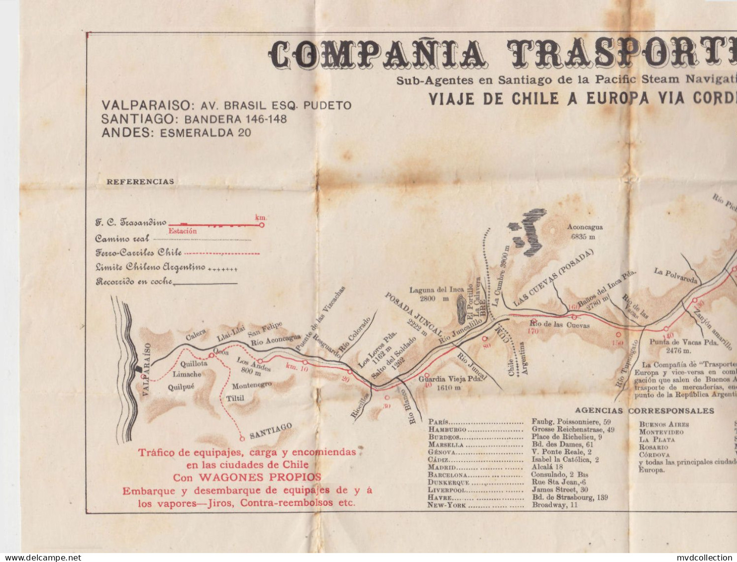 CHILE Early 1900s "PACIFIC STEAM NAVIGATION COMPANY" Large TRANSPORT MAP Cordillera De Los ANDES ( Andes Mountains ) - Mondo