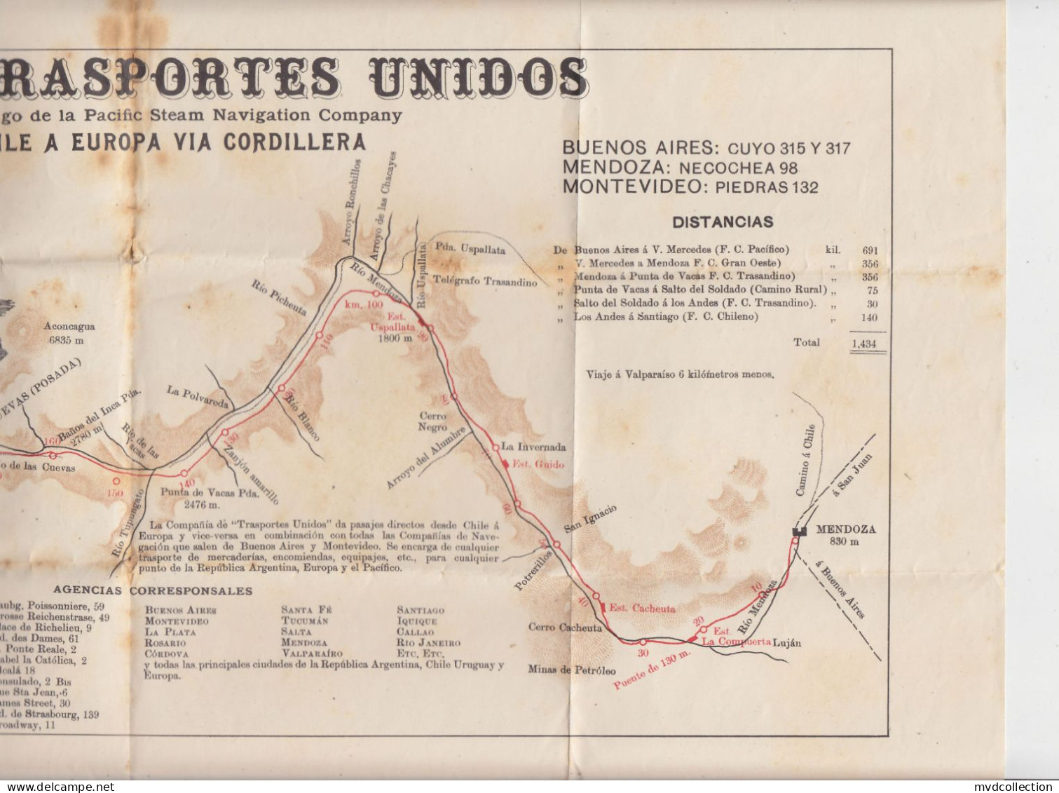 CHILE Early 1900s "PACIFIC STEAM NAVIGATION COMPANY" Large TRANSPORT MAP Cordillera De Los ANDES ( Andes Mountains ) - Wereld