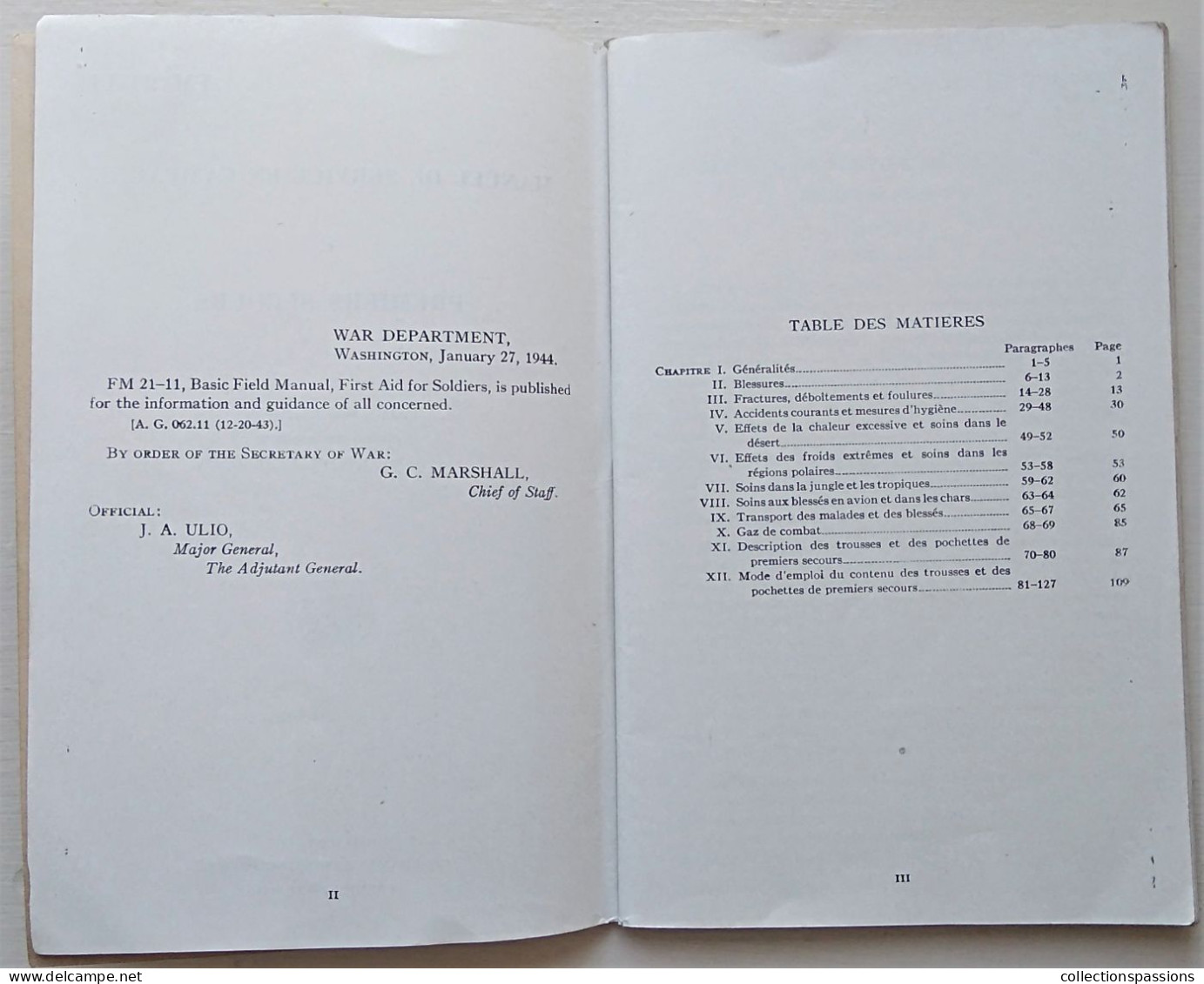 - Livret. Ministère De La Guerre. Manuel De Service En Campagne. Premiers Secours. 1944 - USA - - Sonstige & Ohne Zuordnung